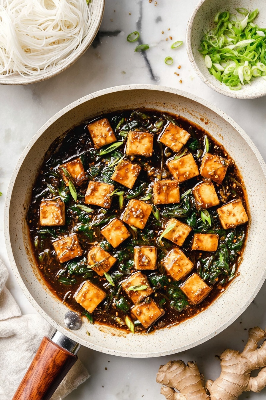 Quick One Pan Tofu Stir Fry, tofu stir fry, easy vegan dinner, quick weeknight meal, healthy tofu recipes - A light gray pan with a wooden handle holds small square pieces of tofu in a dark, shiny sauce mixed with bright green spinach leaves scattered evenly throughout. The tofu pieces are golden brown and smooth, sitting partly submerged in the thick sauce. Above the pan, to the right, a white bowl filled with white noodles is partially visible, and near the top of the image, a small white bowl with chopped green onions rests on a white marbled surface. At the bottom right corner, fresh ginger root pieces are placed on the same white marbled texture. The overall setting is bright with soft lighting, emphasizing the rich colors and glossy textures of the dish. photo taken with an iphone --ar 2:3 --v 7