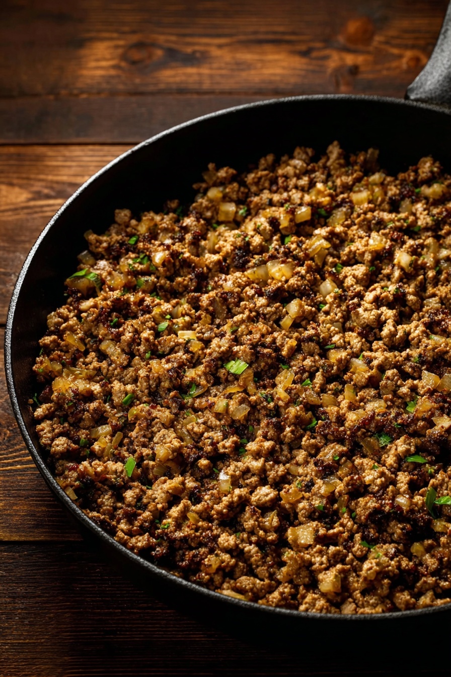 Tofu Lettuce Wraps with Mushrooms and Water Chestnuts, healthy tofu lettuce wraps, vegetarian lettuce wraps with mushrooms, crunchy water chestnuts appetizer, easy tofu lettuce wraps - A close-up view of a large black skillet filled with a cooked mixture of ground meat and small diced brown vegetables and green herbs, evenly spread out inside it, showing crumbly texture with some moist parts. The skillet sits on a wooden surface with dark brown tones. The food has a warm, rich brown color with hints of lighter beige and green pieces scattered evenly. Photo taken with an iphone --ar 2:3 --v 7