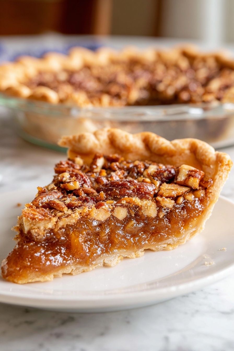 Virginia Peanut Pie, peanut pie, Southern dessert, easy peanut pie recipe, nutty pie - A slice of nut pie is set on a white plate, showing three layers: a flaky golden-brown crust at the bottom and edges that curl upward; a thick, sticky, amber-colored filling mixed with chopped nuts in the middle; and a crunchy top layer of more nuts and syrup that glistens under soft light. Behind the slice, the rest of the pie sits in a clear glass pie dish, resting on a white marbled surface with a blurred background. The photo taken with an iphone --ar 2:3 --v 7