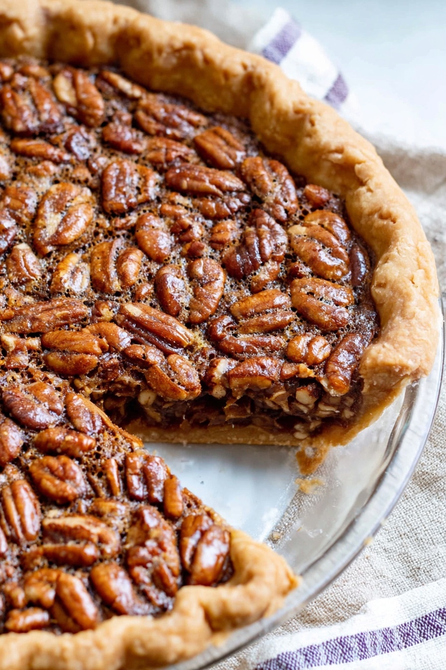 Virginia Peanut Pie, peanut pie, Southern dessert, easy peanut pie recipe, nutty pie - A close-up view of a pecan pie on a white marbled surface shows a golden brown crust with crimped edges forming the pie shell. Inside, a filling full of whole, shiny pecans in a rich, glossy caramel-colored layer is visible. The top layer is made of densely packed pecans, toasted to a warm brown color with some darker spots. Part of the pie is sliced, revealing the pie's filling held together beneath the pecans. The pie is on a clear glass pie dish resting on a beige cloth with white and purple stripes. Photo taken with an iphone --ar 2:3 --v 7