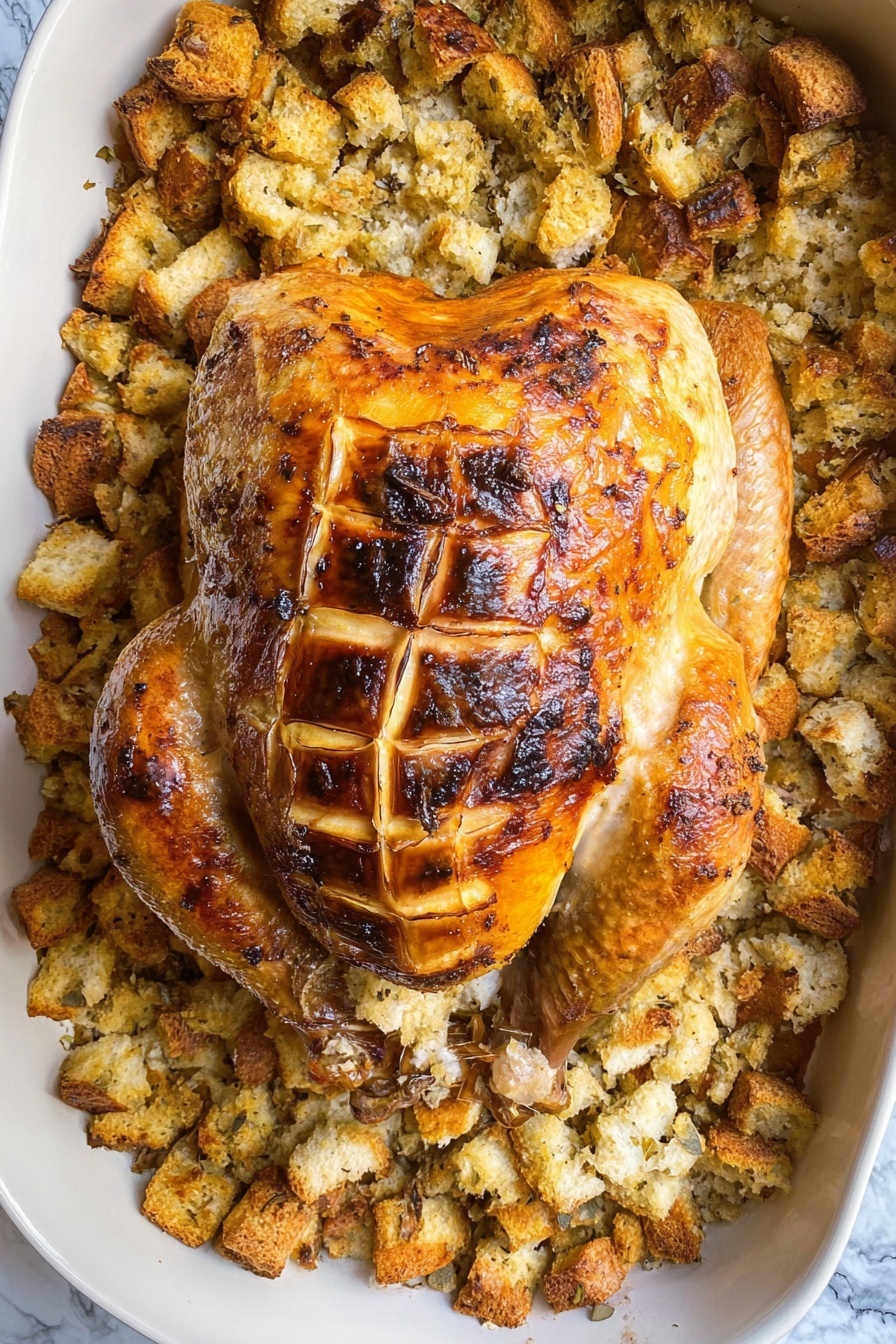 Sheet Pan Turkey and Stuffing, easy holiday dinner ideas, comfort food recipes, one-pan turkey dish, hearty family meals - A baked whole turkey is placed in the center of a white baking dish, with its skin crispy and golden brown with some darker brown spots, showing a grid pattern of shallow cuts on the top. Surrounding the turkey is a thick layer of stuffing made of chunky bread pieces that are golden and slightly browned with some darker bits and a rough, uneven texture. The stuffing fills the entire space around the turkey, touching the edges of the dish. The background underneath the dish has a white marbled texture. Photo taken with an iphone --ar 2:3 --v 7