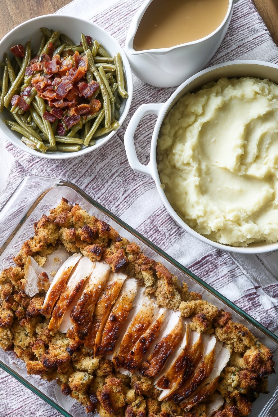 Sheet Pan Turkey and Stuffing, easy holiday dinner ideas, comfort food recipes, one-pan turkey dish, hearty family meals - A white plate holds a meal with four main parts. The first layer is creamy white mashed potatoes placed on the left side of the plate with a smooth texture. On top to the right, there is a portion of green beans that are dark green, soft, and mixed with small browned bits. Below the green beans are chunks of golden brown stuffing with a crispy, rough texture. Above the stuffing and mashed potatoes are two thick slices of roasted white meat with golden-brown edges, covered by a smooth, light brown sauce that drips slightly over the sides. The plate sits on a white marbled surface. Photo taken with an iphone --ar 2:3 --v 7