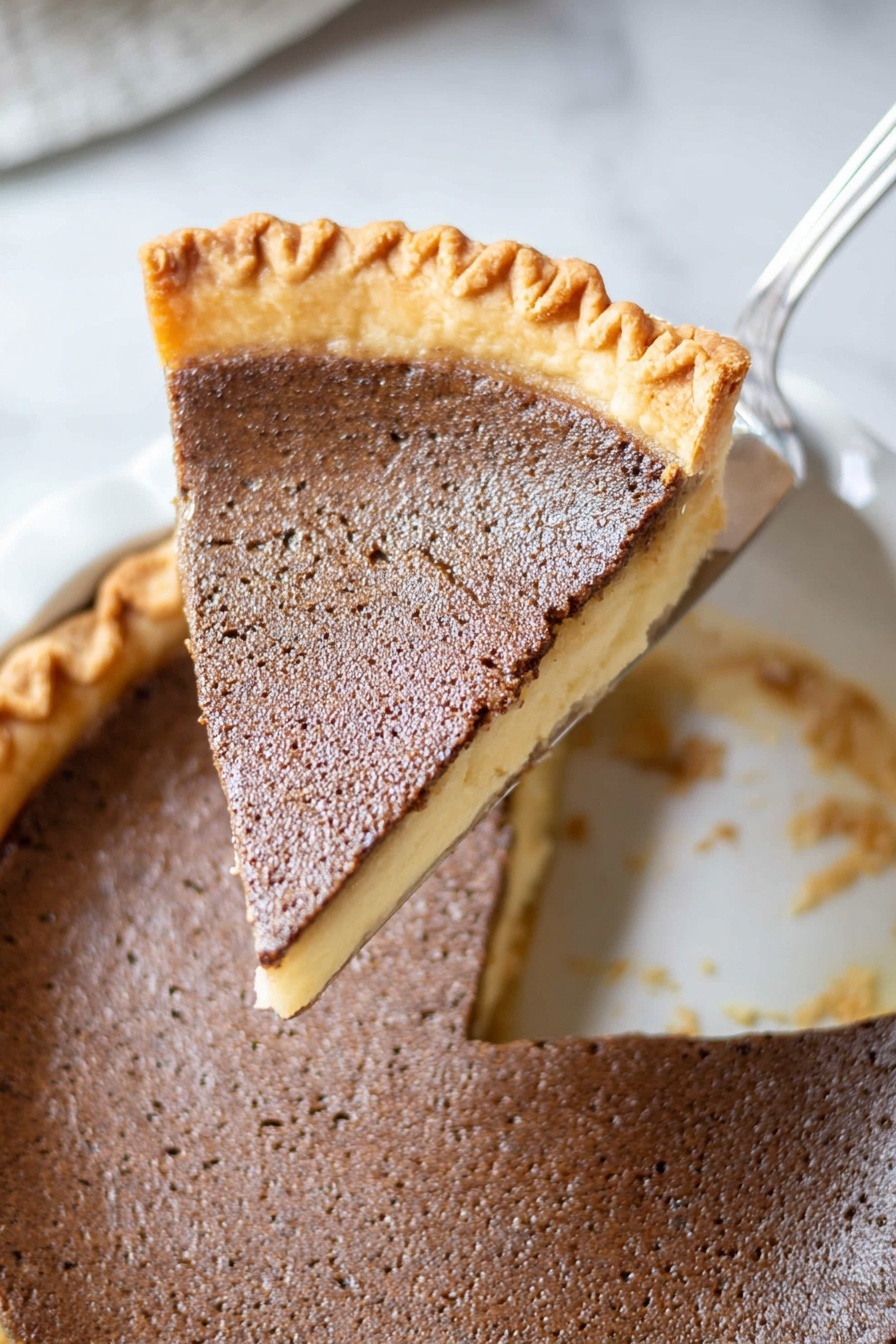 Bob Andy Pie, Bob Andy Pie recipe, comfort dessert recipes, nostalgic pie ideas, easy custard pie - The image shows a slice of pie with three visible layers: a light golden brown flaky crust on the outer edge, a dark brown smooth but slightly porous custard-like filling in the middle, and a thin crust base under the filling. The slice is held above the remaining pie on a silver pie server, revealing the same dark brown custard filling and crust around the edges in a white pie dish. The pie and slice sit on a white marbled surface. Photo taken with an iphone --ar 2:3 --v 7