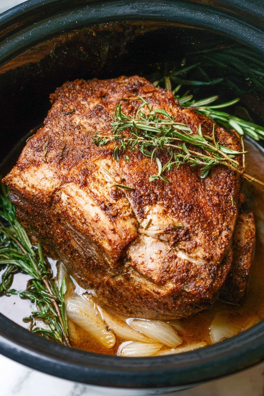 Slow Cooker Herb-Seasoned Turkey Breast, slow cooker turkey breast, herb-seasoned turkey, easy turkey dinner, flavorful turkey recipes - A sliced roasted piece of white meat with a brown outer crust sits on a bed of cooked onion slices, halved roasted garlic, and fresh sprigs of rosemary and thyme inside a dark pan. The meat is thick, with a juicy, firm inside that contrasts with its slightly crispy browned edge. The onions look soft and lightly browned, while the garlic reveals golden cloves. The green herbs add a fresh touch around the meat. The background surface is white marble. photo taken with an iphone --ar 2:3 --v 7