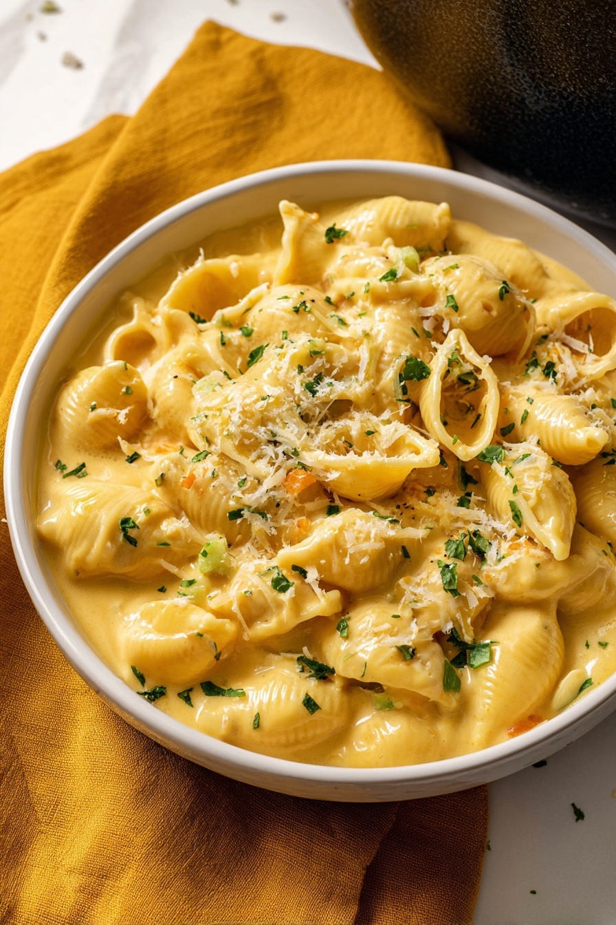 Creamy Mac & Cheese Soup with Cheddar and Vegetables, cheesy vegetable soup, easy cheesy soup recipe, hearty comfort soup, healthy mac and cheese soup - This image shows a white bowl full of creamy pasta with shell-shaped noodles covered in a thick, smooth yellow cheese sauce. Small chopped green herbs are sprinkled on top, along with a light dusting of grated cheese. Pieces of green and orange vegetables are mixed into the sauce, adding little pops of color. The bowl sits on a soft mustard yellow cloth, and part of a dark pot is visible in the upper right corner. The background is a white marbled surface. photo taken with an iphone --ar 2:3 --v 7