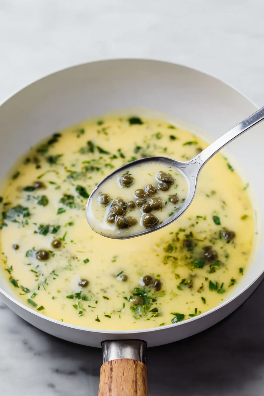 Lemon Caper Sauce, Lemon Caper Sauce recipe, how to make lemon caper sauce, easy lemon caper sauce, versatile sauce for fish and chicken - A white bowl filled with a creamy light yellow soup, dotted with small round green capers and sprinkled with fresh chopped green herbs. A silver spoon lifts a portion of the soup, showing the smooth texture with capers and small bits of herbs. The bowl rests on a white marbled surface with a blurred light background. Photo taken with an iphone --ar 2:3 --v 7