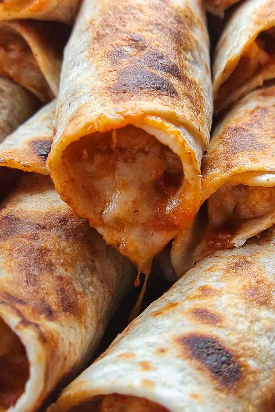 Air Fryer Pizza Rolls, quick cheesy snack, crispy pizza bites, easy party appetizer, homemade pizza snacks - The image shows a close-up of rolled tortillas filled with melted cheese and sauce. Each tortilla is light brown with some dark spots from cooking, and the cheese inside is orange with a stringy texture stretching slightly out of one tortilla. The tortillas are packed close together, and the background is out of focus. photo taken with an iphone --ar 2:3 --v 7