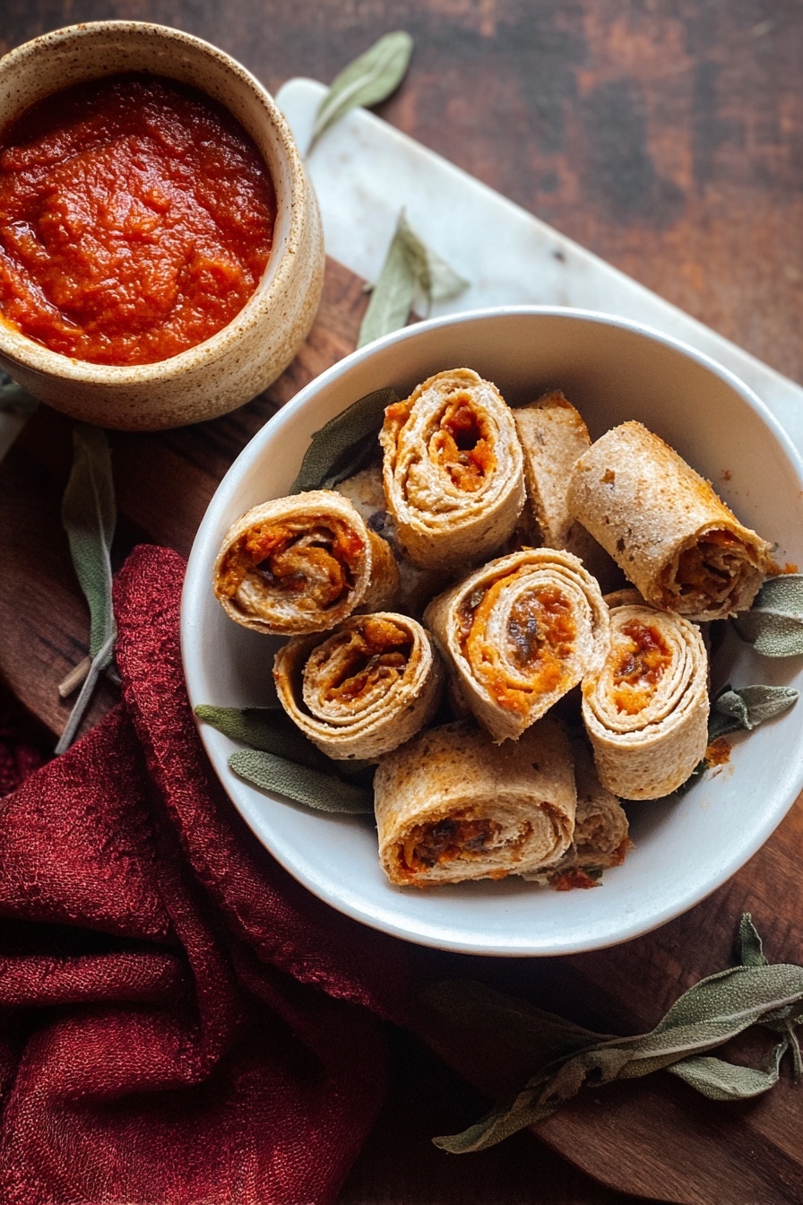 Air Fryer Pizza Rolls, quick cheesy snack, crispy pizza bites, easy party appetizer, homemade pizza snacks - A white bowl filled with small rolled snacks that are sliced into bite-size pieces, showing layers of light brown outer wraps with visible orange-red and creamy fillings inside. Some dried green leaves are scattered around the rolls inside the bowl. Next to the bowl is a small beige cup holding thick red sauce with a textured surface. A deep red cloth is placed near the cup on a dark wooden surface that is replaced by a white marbled texture. photo taken with an iphone --ar 2:3 --v 7