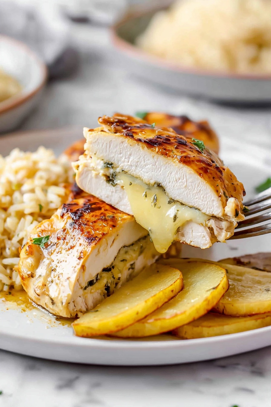 Apple and Brie Stuffed Chicken, stuffed chicken breast recipes, easy chicken breast dinner, elegant chicken dinner ideas, flavorful stuffed chicken - The image shows a close-up of three golden browned chicken pieces cooked in a creamy yellow sauce inside a black pan. Each chicken piece is stuffed with visible layers of green spinach and pale yellow sliced mushrooms, making the filling peep out from the sides. The sauce has a smooth, rich texture and pools around the chicken at the bottom of the pan. The pan sits on a wooden board, and the background has a white marbled texture with a sliced green apple and some herbs blurred in the distance. The warm light highlights the shiny glaze on the chicken, making it look tender and flavorful photo taken with an iphone --ar 2:3 --v 7