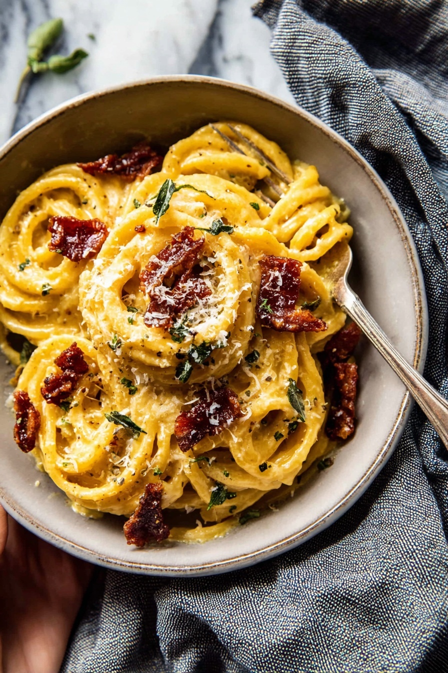Creamy Roasted Garlic Butternut Squash Pasta, butternut squash pasta, roasted garlic pasta, vegetarian comfort pasta, easy fall pasta recipes - A white bowl filled with thick, creamy yellow pasta spirals coated in a rich sauce, topped with dark reddish-brown crispy pieces and small green herb leaves scattered over the top. The pasta is piled high in the middle with sauce clinging to each spiral, and grated white cheese sprinkled on top. A silver fork rests on the edge of the bowl, and a woman's hand is holding the bowl on a white marbled surface with a soft gray and blue striped cloth nearby. Photo taken with an iphone --ar 2:3 --v 7