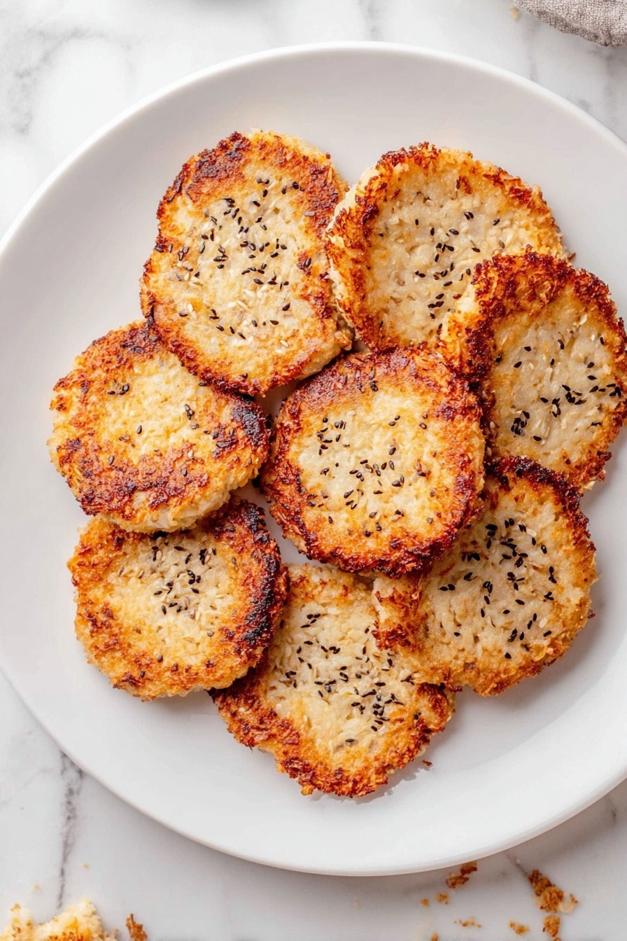 Cottage Cheese Chips, healthy cottage cheese snacks, crunchy cheese chips, easy baked cheese chips, protein-packed snacks - A white plate holds eight round, golden-brown patties arranged in a loose circle. Each patty has a crispy, browned edge that blends into a lighter, creamy center with visible grains or seeds inside. The tops have scattered black and white seeds, adding texture and contrast. The plate sits on a white marbled surface, and some small crumbs are visible nearby. Photo taken with an iphone --ar 2:3 --v 7