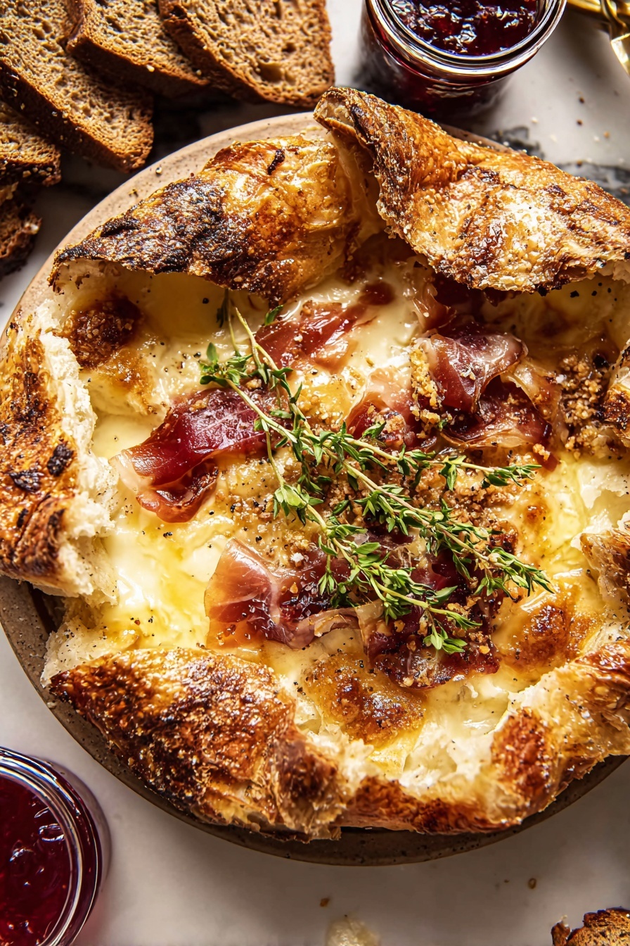 Prosciutto Baked Brie in Puff Pastry, baked brie appetizer, prosciutto cheese puff pastry, elegant puff pastry appetizer, easy party appetizers - The image shows three golden brown, triangular pastries with a crunchy, textured crust sprinkled with coarse sugar on a white plate. The pastries are arranged in a small pile, with visible layers of flaky, light interior dough inside each triangle. Small green herb sprigs are placed on and around the pastries, adding color and freshness. Behind the pastries, there is a jar filled with red jam, and toasted slices of seeded bread are slightly visible in the background. The white marbled surface underneath complements the rustic, warm look of the food. A metal spatula with a wooden handle lies next to the plate, partially visible. Photo taken with an iphone --ar 2:3 --v 7