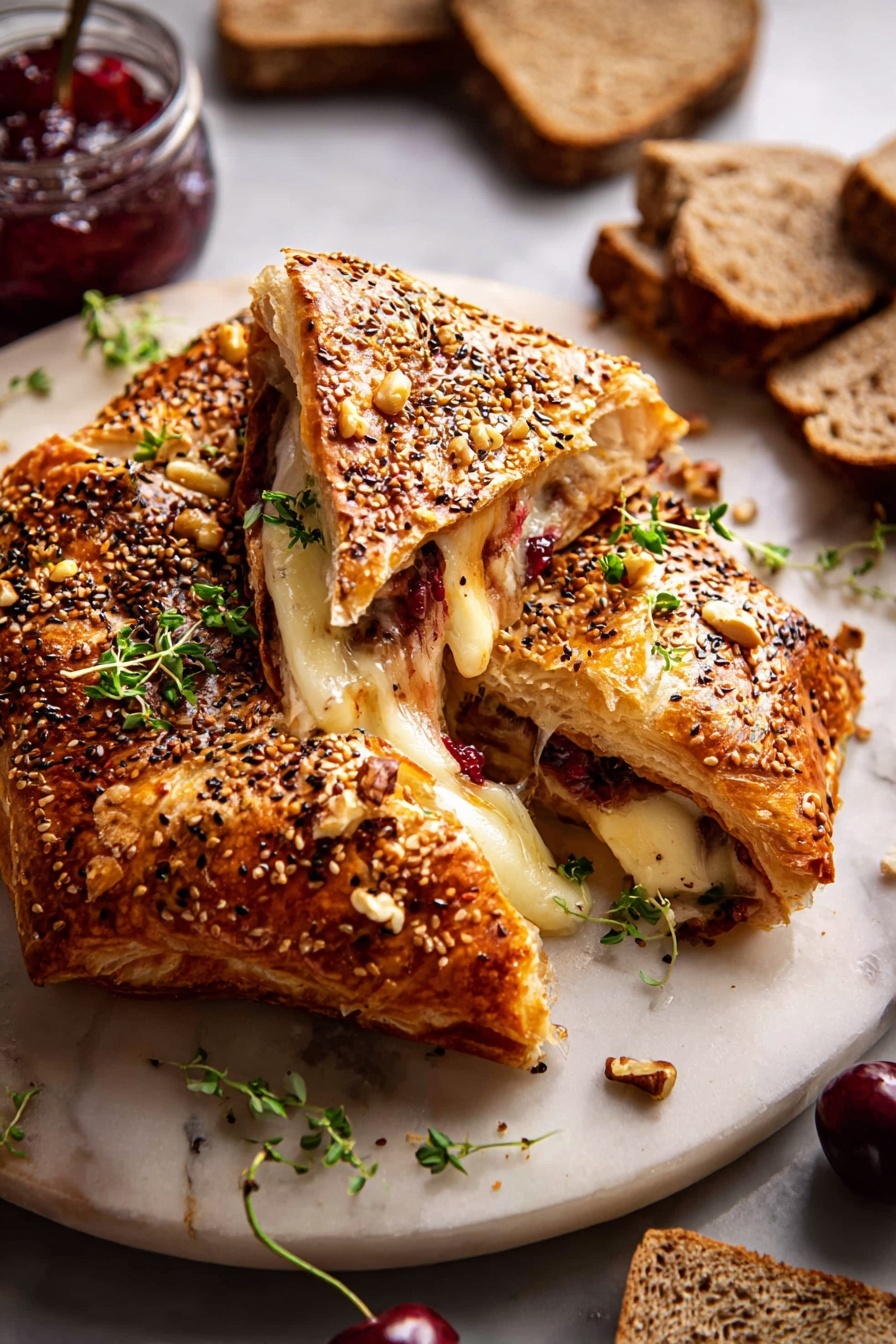 Prosciutto Baked Brie in Puff Pastry, baked brie appetizer, prosciutto cheese puff pastry, elegant puff pastry appetizer, easy party appetizers - This image shows a golden puff pastry wrapped baked cheese, broken open to reveal layers inside. The outer layer is crispy and golden brown with small seeds sprinkled on top, decorated with small green herb leaves. Inside, the melted cheese is creamy pale yellow with stringy texture, and there are thin dark red slices of cured meat mixed with some whole nuts. The dish sits on a round white plate on a white marbled surface. Around the plate are slices of nut-studded dark grain bread and a small jar of deep red jam with a spoon, along with a few fresh cherries. photo taken with an iphone --ar 2:3 --v 7