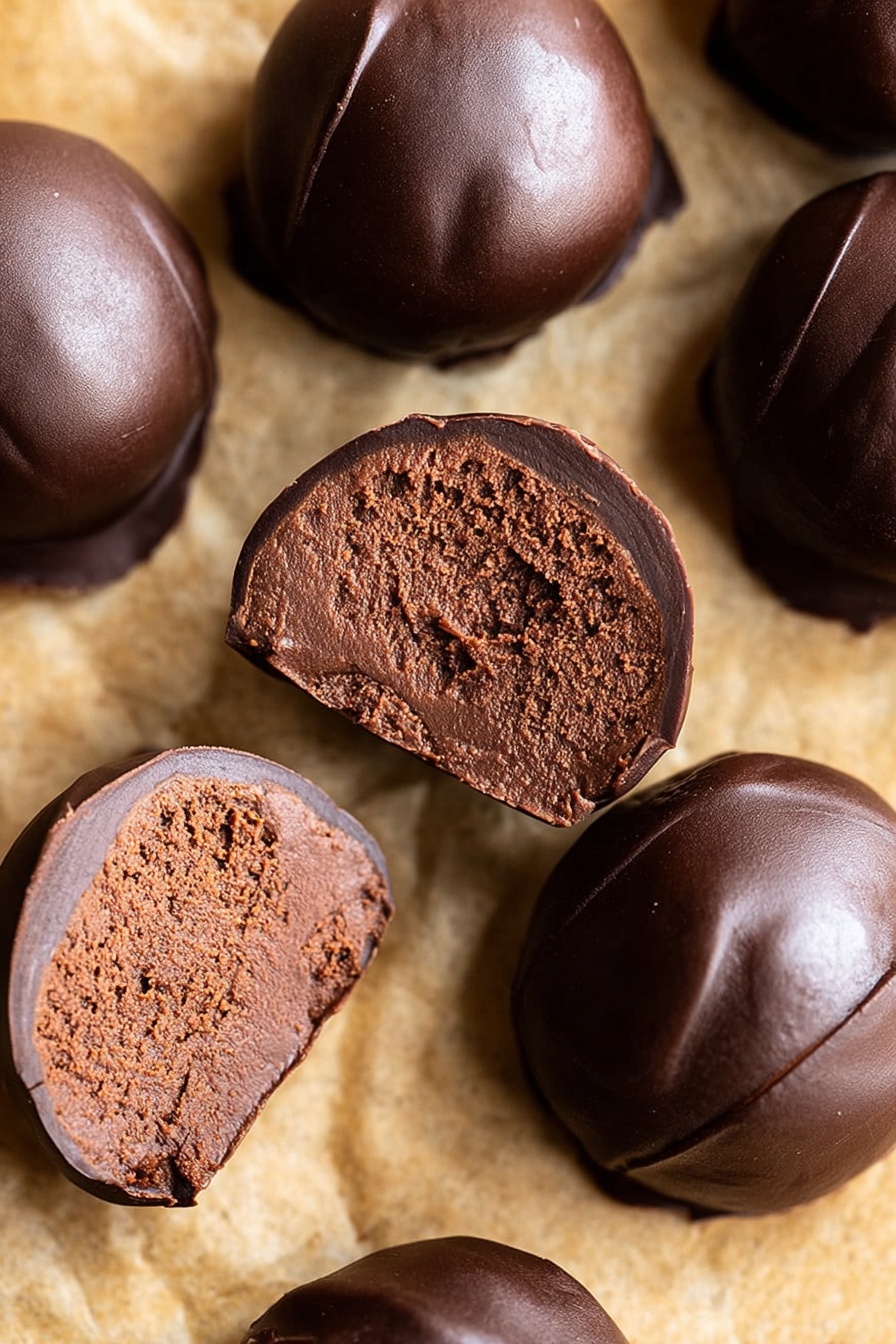 Healthy Black Bean Chocolate Balls, healthy chocolate snack, vegan black bean treats, no-bake healthy desserts, nutritious chocolate bites - The image shows several round chocolate truffles placed on a light brown parchment-like surface. The truffles have a smooth, shiny dark chocolate outer layer with a rich and dense inner filling that has a lighter brown, slightly crumbly texture. Some truffles are whole and others are cut in half, revealing the thick inner layer which is almost as thick as the outer shell. The truffles are arranged closely together, showing their glossy finish and dense centers clearly. Photo taken with an iphone --ar 2:3 --v 7