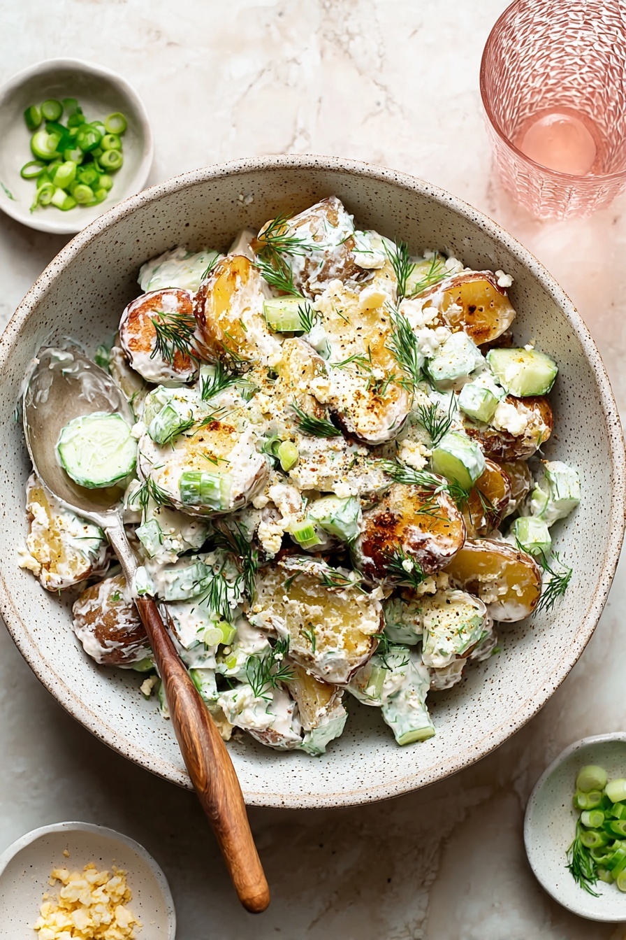 Smashed Potato Salad with Yogurt Dressing, healthy potato salad recipes, fresh fruit and vegetable salads, easy summer potato salad, flavorful potato salad ideas - A white speckled bowl holds a creamy potato salad made with thick slices of crispy-skinned, golden brown roasted potatoes as the bottom layer, covered generously with a thick white sauce mixed with small green cucumber cubes, chopped fresh dill, and scallions, topped with small bits of crumbly white cheese and sprinkled black pepper; a spoon with a wooden handle rests inside the bowl, partially scooping the salad. Around the bowl, small white bowls with green onion pieces and crumbly cheese are placed on a white marbled surface, along with a clear textured glass of pink liquid. Photo taken with an iphone --ar 2:3 --v 7