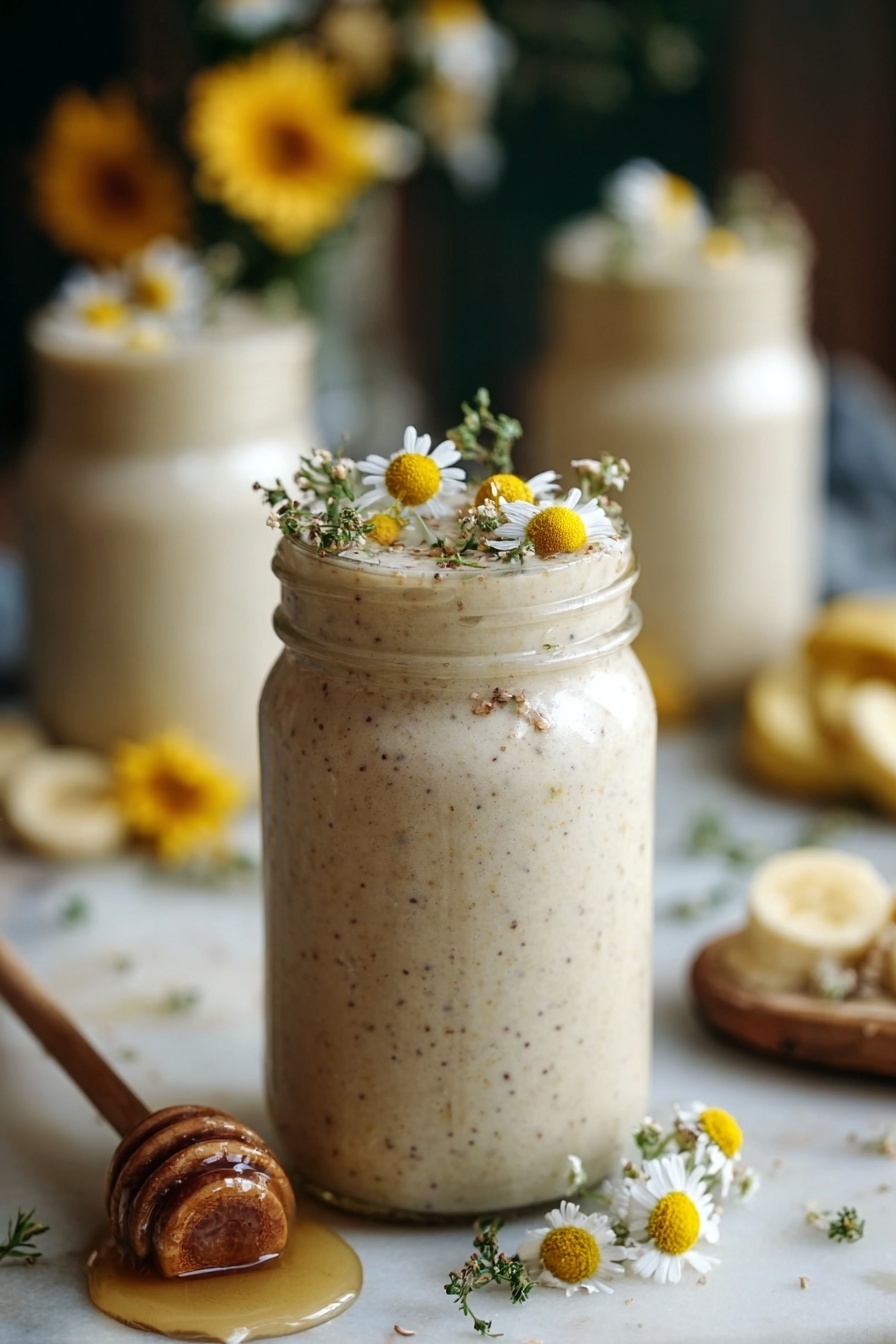 Banana Chamomile Tea Smoothie, calming smoothie with banana and chamomile, healthy banana chamomile drink, soothing fruit smoothie, floral tea banana smoothie - A tall glass jar filled with a creamy beige smoothie with tiny dark specks. On top of the smoothie, there are small light yellow chamomile flowers and some green herbs placed as decoration. The jar sits on a white marbled surface surrounded by sliced bananas and more chamomile flowers scattered around. In the background, two similar jars filled with the same smoothie are slightly out of focus, also with flower decorations. There is a honey dipper with some honey next to the jar in the front. The overall look is soft and natural with warm, cozy lighting. photo taken with an iphone --ar 2:3 --v 7