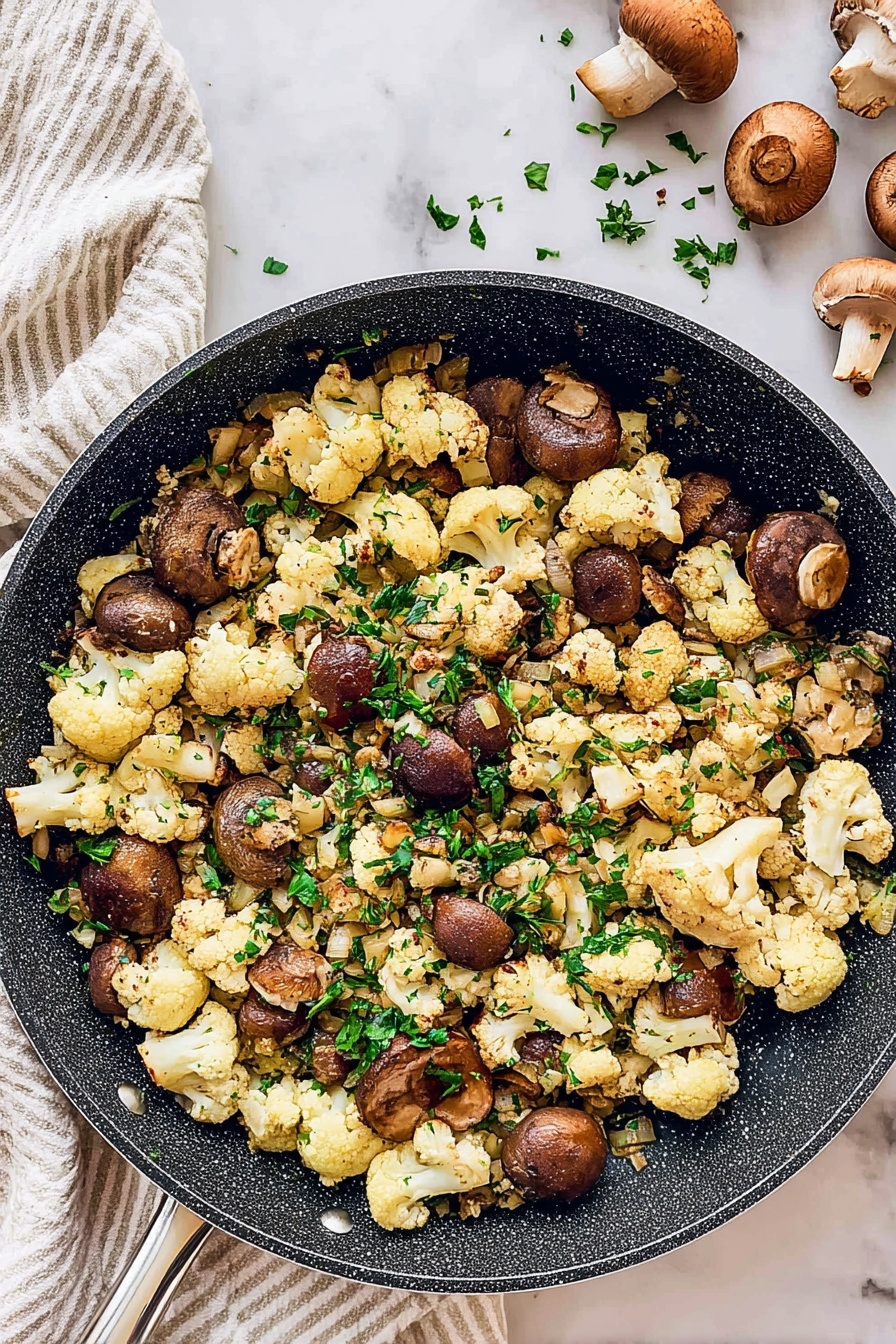 Mushroom Cauliflower Skillet, mushroom cauliflower stir-fry, healthy veggie skillet, easy mushroom cauliflower recipe, quick vegetarian dinner - A pan filled with cooked cauliflower and whole brown mushrooms mixed with small pieces of light golden onions and sprinkled with fresh green chopped herbs, showing a mix of light cream, brown, and green colors evenly spread throughout the dark pan, all placed on a white marbled surface with a white and beige striped cloth nearby and some mushrooms and green herbs scattered around, photo taken with an iphone --ar 2:3 --v 7