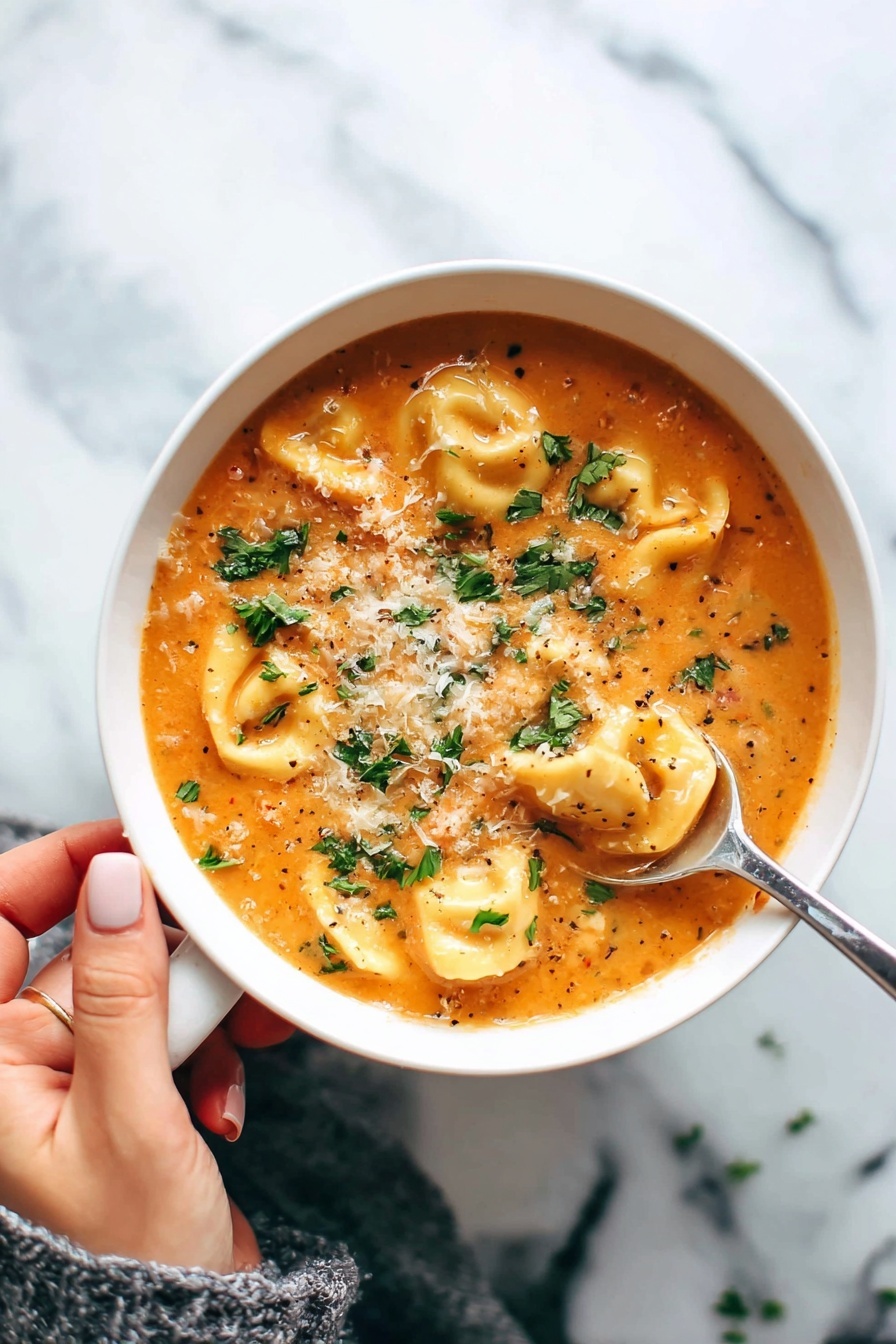 Creamy Tortellini Soup with Italian Sausage, Italian sausage tortellini soup, hearty creamy tortellini soup, easy Italian sausage pasta soup, comforting tortellini soup recipes - A white bowl filled with thick orange soup that has visible small pieces of tortellini pasta, vegetables and herbs mixed in, topped with a light sprinkle of grated cheese and chopped green parsley. A woman's hand is holding the bowl's handle from the left side, and another woman's hand is holding a silver spoon dipping into the soup from the bottom right. The background shows a white marbled texture. photo taken with an iphone --ar 2:3 --v 7