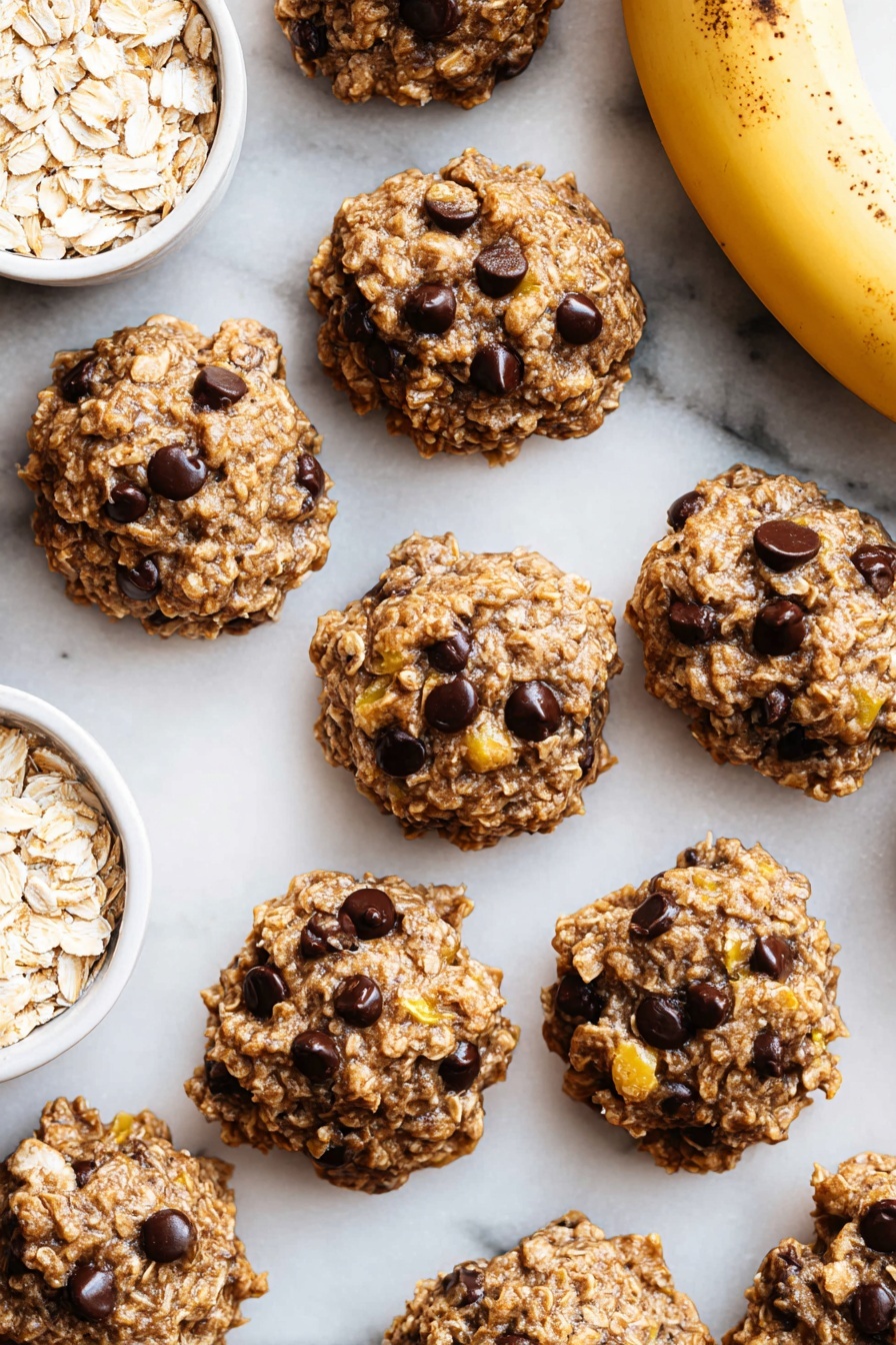 Healthy Banana Oatmeal Cookies, healthy banana cookies, gluten-free oatmeal cookies, easy healthy dessert recipes, wholesome banana snack - This image shows about twelve round oatmeal cookies with chocolate chips and bits of yellow banana mixed in. The cookies have a rough, chunky texture with visible oats and dark brown chocolate chips spread unevenly on their surfaces. They are placed directly on a flat white marbled surface, arranged loosely with some gaps between them. On the top right corner, there is a ripe banana with brown spots resting on the surface. On the bottom left, a small white dish filled with dry rolled oats is partially visible. The lighting is bright and natural, highlighting the texture of the cookies and the banana skin. photo taken with an iphone --ar 2:3 --v 7