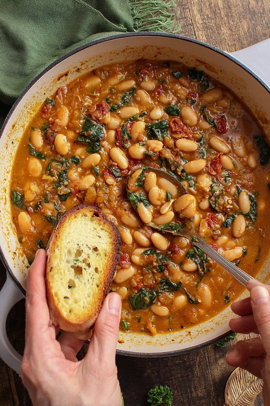 Vegan Butter Beans in Sun-Dried Tomato Sauce, vegan bean recipes, plant-based comfort food, easy vegan dinner ideas, dairy-free bean dishes - The image shows a white pan filled with a rich, orange-brown stew with large white beans and pieces of green leafy herbs spread throughout. There are bits of red tomato and finely chopped onions mixed in, adding texture and color. A woman's left hand is holding a small piece of toasted bread inside the pan, while her right hand uses a spoon to scoop some beans and stew onto the bread. The background surface is a wooden texture with a green cloth partially visible in the top left corner. photo taken with an iphone --ar 2:3 --v 7