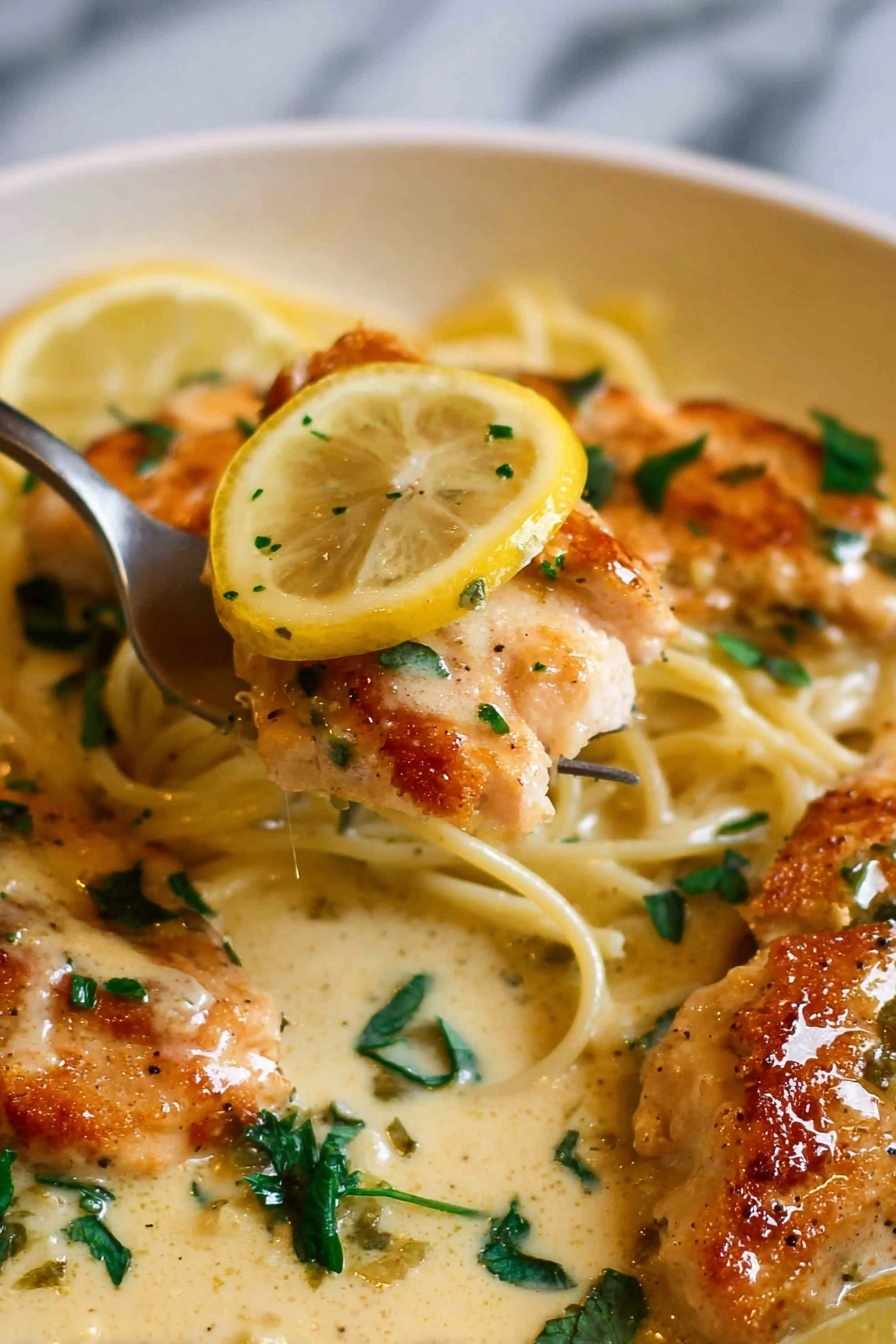 Creamy Lemon Chicken Breasts, easy lemon chicken recipe, quick chicken dinner, flavorful chicken with lemon sauce, healthy chicken recipes - The image shows a pan with five browned chicken pieces in a thick, pale yellow creamy sauce with small green herb bits mixed in. Each chicken piece is topped with a thin lemon slice, showing a bright yellow color and juicy texture. The chicken looks soft and slightly shiny from the sauce, with crispy edges visible. A silver spoon lies in the sauce towards the top side, partially covered with the creamy mixture and herbs. In the background, there is a white bowl filled with chopped green herbs, placed on a white marbled surface, and a beige cloth nearby. The lighting is soft and natural. photo taken with an iphone --ar 2:3 --v 7