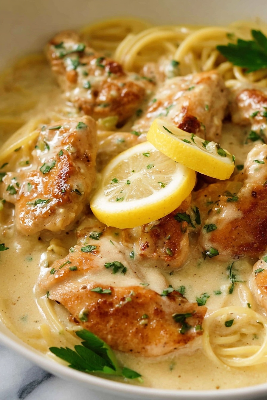 Creamy Lemon Chicken Breasts, easy lemon chicken recipe, quick chicken dinner, flavorful chicken with lemon sauce, healthy chicken recipes - The image shows several pieces of golden brown cooked fish fillets arranged closely together on a white plate. Each fillet is covered with a creamy light yellow sauce that has small green herb bits sprinkled on top. Thin lemon slices with bright yellow rinds and translucent pale yellow interiors are placed over and around the fish. The sauce pools around the fillets on the plate, giving a smooth and shiny texture. The background is a white marbled surface. photo taken with an iphone --ar 2:3 --v 7