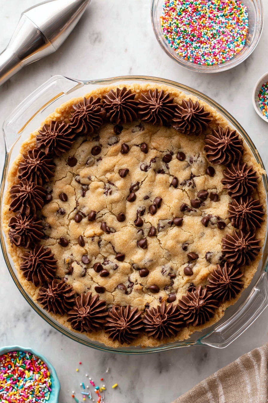 Chocolate Chip Cookie Cake, Cookie Cake Recipe, how to make cookie cake, easy cookie cake, decadent cookie cake dessert - The image shows a round chocolate chip cookie cake in a clear glass pie dish with two handles. The cookie cake has a light golden-brown color with chocolate chips spread evenly across the surface. Around the edge, there is a ring of dark chocolate frosting piped in swirled dollops, adding texture and contrast. The cookie cake sits on a white marbled surface with a small bowl of colorful round sprinkles placed above it, and a piping bag with a metal tip near the lower left corner. A woman's hand is not visible but implied by the presence of the piping bag. photo taken with an iphone --ar 2:3 --v 7