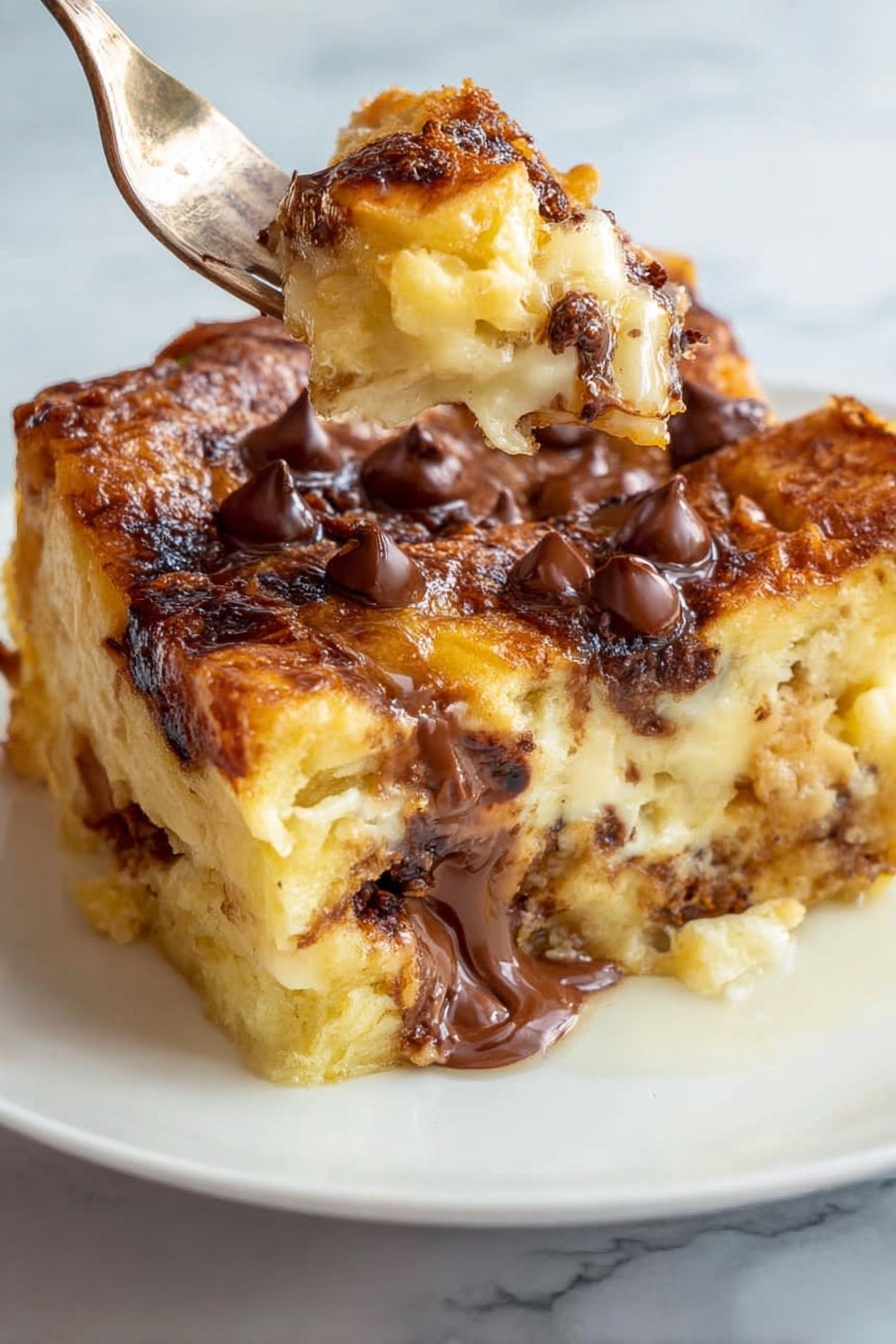 Chocolate Croissant Breakfast Bake, chocolate croissant casserole, indulgent breakfast bake, easy weekend breakfast recipe, chocolate breakfast casserole - A thick, square piece of golden baked bread pudding with visible layers of soft, slightly spongy bread soaked in a creamy custard sits on a white plate with a white marbled surface underneath. The top layer is covered unevenly with melted chocolate chips that are melted and shiny, some still holding their shape. A fork lifts a bite-sized piece from the front, showing a gooey chocolate layer inside and the soft, textured bread underneath. The overall look is warm, rich, and inviting. photo taken with an iphone --ar 2:3 --v 7