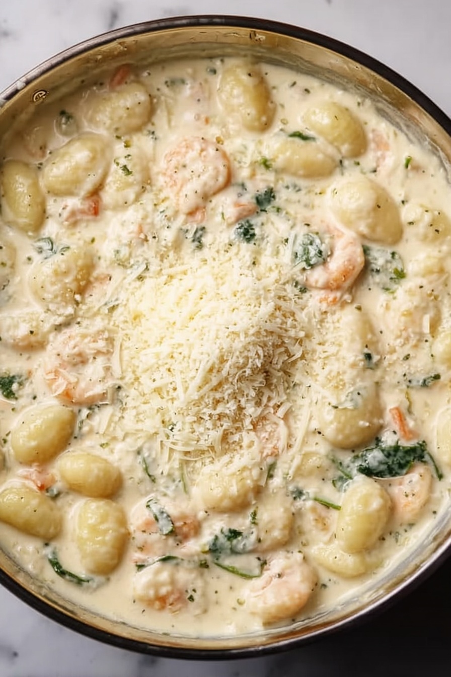 Creamy Chicken Gnocchi Skillet, chicken gnocchi dinner, easy creamy chicken recipe, one-pan chicken gnocchi, quick weeknight skillet meal - A close-up of a glass bowl filled with creamy gnocchi pasta covered in a thick white sauce mixed with small pieces of shrimp and green herbs, topped with a layer of finely grated cheese in the center. The sauce looks smooth and rich, with the gnocchi soft and rounded, evenly spread throughout the bowl. The bowl sits on a white marbled surface, and the shot captures the dish from above, showing the creamy texture and details of the ingredients. Photo taken with an iphone --ar 2:3 --v 7