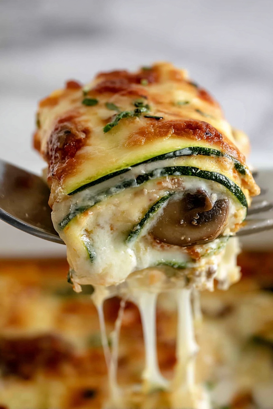 Zucchini Rollatini with Ricotta and Sausage, zucchini rollatini, cheesy zucchini appetizer, baked zucchini rolls, stuffed zucchini recipes - A close-up of a fork holding a rolled slice of zucchini lasagna. The lasagna has multiple thin layers, starting with a green zucchini outer layer, followed by a thick creamy white cheese layer, and a middle layer with a small piece of cooked mushroom. The top is covered with melted cheese that has a golden brown, slightly crispy texture. Melted cheese strands stretch from the fork to the white marbled surface below, where more of the cheesy dish is visible blurred in the background. photo taken with an iphone --ar 2:3 --v 7