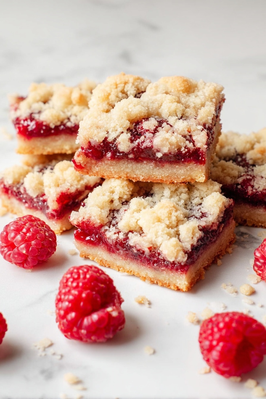 Raspberry Jam Bars Five Ingredient, easy raspberry jam bars, simple dessert recipe, no-bake raspberry bars, quick fruit bar dessert - The image shows five square raspberry crumble bars on a white marbled surface, each bar with three visible layers: a firm light golden base, a bright red raspberry jam layer in the middle, and a crumbly pale beige topping with uneven small crumbles covering the top. Scattered around the bars are fresh whole raspberries, bright red with textured surfaces. The bars and raspberries are well lit, showing their textures clearly. photo taken with an iphone --ar 2:3 --v 7
