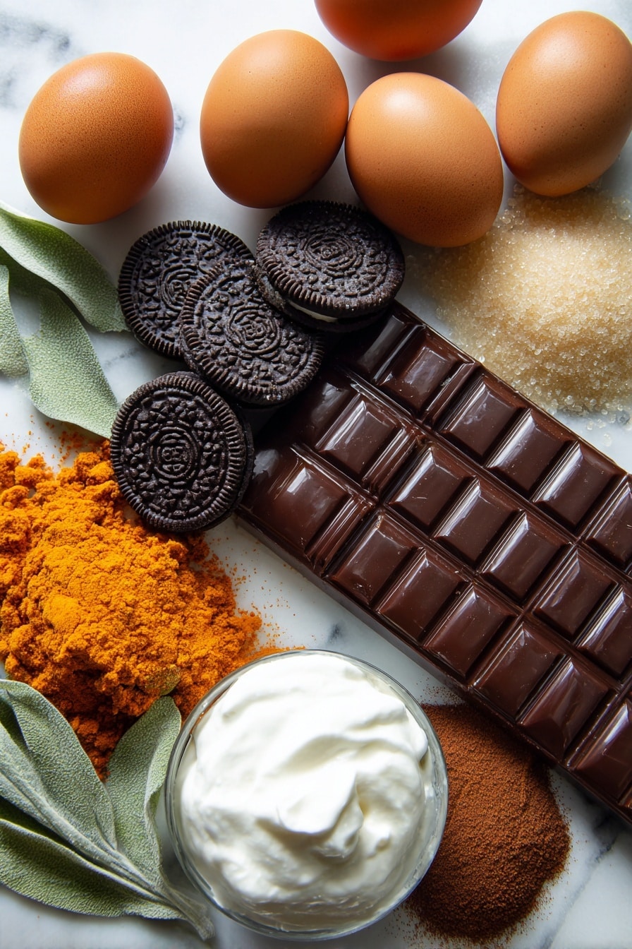 Chocolate Pumpkin Cheesecake with Bourbon Whipped Cream, pumpkin cheesecake with chocolate and bourbon, fall dessert recipes, creamy pumpkin cheesecake, decadent chocolate pumpkin dessert - Flat lay of glossy dark milk chocolate block with smooth surface, a small pile of rich orange pumpkin puree with creamy texture, a cluster of whole Oreo cookies showing their black-and-white contrast, fresh whole eggs with smooth brown shells, a heap of light golden brown sugar crystals, sprigs of fresh green cinnamon leaves (to represent cinnamon spice), a scattering of warm brown pumpkin pie spice powder, and a dollop of thick white sour cream with velvety texture, all beautifully arranged with natural spacing and soft daylight shadows, placed on white marbled surface, photo taken with an iphone --ar 2:3 --v 7