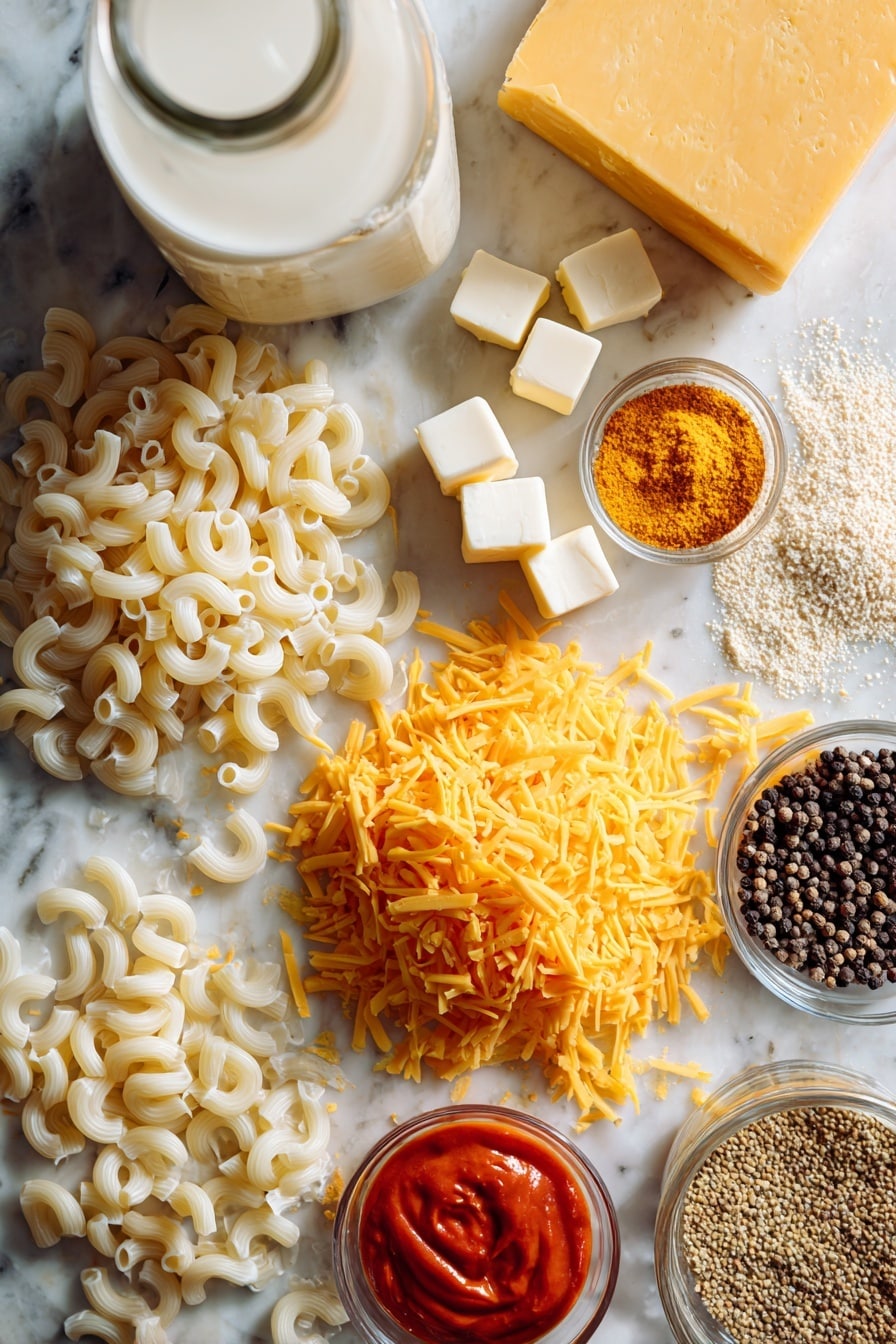 Crock Pot Mac and Cheese, easy slow cooker mac and cheese, cheesy crockpot recipes, creamy slow cooker pasta, beginner-friendly crockpot dinner - Flat lay of uncooked white macaroni pasta scattered next to smooth blocks and small cubes of creamy white cream cheese and soft yellow butter pieces, a generous pile of shredded bright orange cheddar cheese showing its fine texture, a small puddle of rich red-orange sriracha sauce, a few dried mustard seeds and ground mustard powder with a warm yellow tone, and a couple of black peppercorns adding a dark contrast, all beautifully arranged with a glass jar of creamy off-white evaporated milk and a clear bottle of golden chicken broth in the background, placed on white marbled surface, photo taken with an iphone --ar 2:3 --v 7