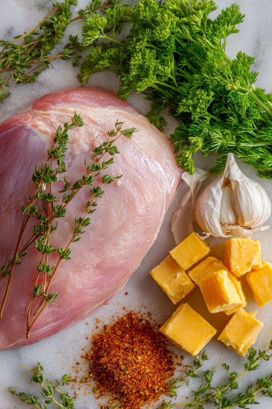 Cajun Butter Smoked Turkey Breast, smoked turkey breast recipe, Cajun turkey grilled, flavorful smoked turkey, spicy turkey breast - Flat lay of a plump, raw boneless turkey breast with smooth pale pink skin, vibrant green fresh parsley leaves scattered alongside sprigs of bright green fresh dill and thyme, two garlic cloves with papery white skins and slightly crushed texture, a small mound of deep reddish-brown Cajun seasoning powder with hints of orange and rusty tones, and glossy golden cubes of salted butter, all naturally arranged in a rustic yet elegant way, placed on white marbled surface, photo taken with an iphone --ar 2:3 --v 7