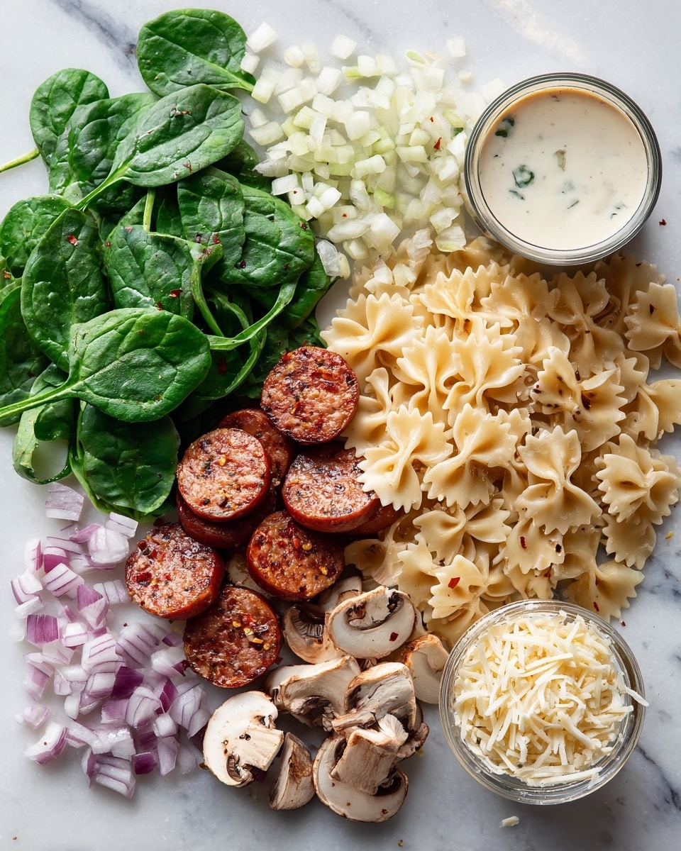 Creamy Vegan Sausage Pasta with Spinach, vegan sausage pasta, plant-based creamy pasta, vegan comfort food, creamy vegan pasta recipes - Flat lay of sliced Italian vegan sausage with a rich brown sear, fresh baby spinach leaves in vibrant green, chopped sweet onion pieces in pale purple and white, minced garlic cloves with their creamy off-white texture, bright red chili flakes scattered naturally, a smooth can of light coconut milk with creamy white swirls visible, short cut pasta in a soft yellow tone with a slightly matte finish, and a small mound of grated vegan parmesan cheese in delicate off-white shreds, all beautifully arranged with contrasting colors and textures placed on white marbled surface, photo taken with an iphone --ar 2:3 --v 7