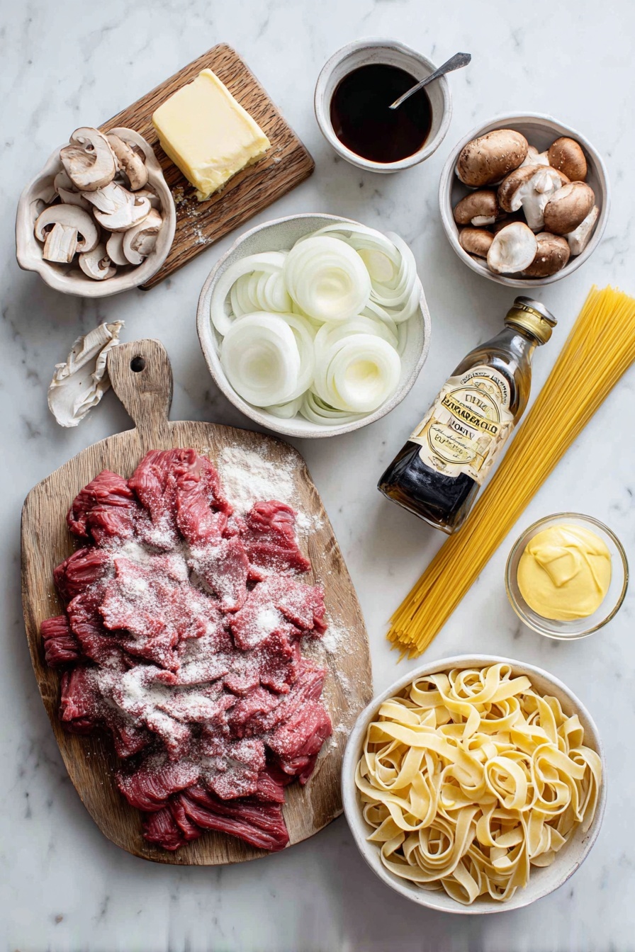Old Fashioned Beef Stroganoff, Beef Stroganoff recipe, classic beef stroganoff, homemade beef stroganoff, easy beef stroganoff - Flat lay of a generous pile of thinly sliced raw beef sirloin strips dusted with flour, a medium white onion sliced into rings, a small heap of sliced brown mushrooms, a pat of salted butter on a wooden board, a small bowl of rich beef broth next to a bottle of Worcestershire sauce, a dollop of creamy sour cream in a white ceramic bowl, a spoonful of Dijon mustard nearby, a bundle of uncooked egg noodles, and a drizzle of golden olive oil, all placed on a white marble surface, photo taken with an iphone --ar 2:3 --v 7