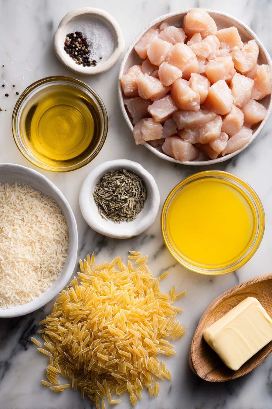 Lemon Chicken and Orzo, lemon chicken skillet, lemon chicken dinner, one-pan chicken and orzo, easy lemon chicken recipe - Flat lay of a small pile of cubed raw chicken breast, two tablespoons of golden olive oil in a glass bowl, a sprinkling of salt and garlic powder in small dishes, a few twists of black peppercorns, a clear bowl filled with chicken broth, a small glass container of bright yellow lemon juice, a mound of uncooked orzo pasta, a small heap of dried basil leaves, a half cup of grated Parmesan cheese spilling slightly from a bowl, and a quarter cup of salted butter on a wooden butter dish, placed on a white marble surface, photo taken with an iphone --ar 2:3 --v 7