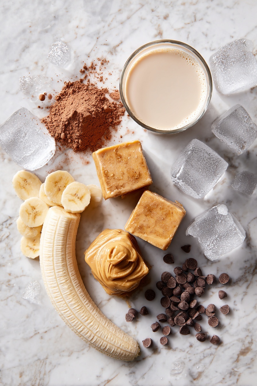 Vegan Chocolate Banana Protein Shake, healthy vegan smoothie, quick plant-based protein shake, chocolate banana smoothie, nutritious vegan breakfast - Flat lay of a half frozen banana sliced into chunks, a small heap of creamy peanut butter, a scoop of rich chocolate protein powder, several large ice cubes scattered around, a small glass of vanilla soy milk poured lightly to show its creamy texture, and a handful of mini chocolate chips sprinkled near the peanut butter, placed on a white marble surface, photo taken with an iphone --ar 2:3 --v 7