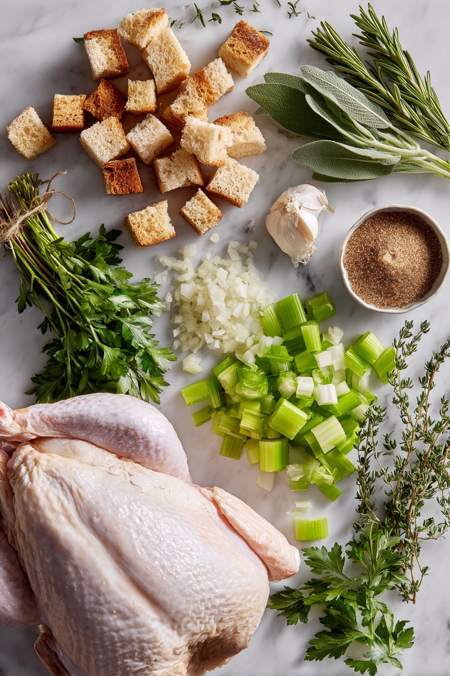 Sheet Pan Turkey and Stuffing, easy holiday dinner ideas, comfort food recipes, one-pan turkey dish, hearty family meals - Flat lay of golden toasted bread cubes, fresh minced garlic cloves, diced white onion, crisp celery ribs, bright green chopped parsley, a bundle of fresh herbs including sage, thyme, and rosemary, a small bowl of rich brown sugar, and a raw boneless turkey breast with skin, placed on a white marble surface, photo taken with an iphone --ar 2:3 --v 7