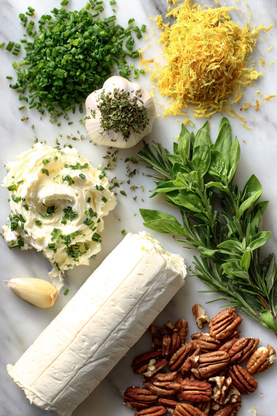 Garlic Herb Cheese Log, Cheese Log Appetizer, Creamy Herb Cheese Ball, No-Bake Cheese Appetizer, Easy Party Appetizer - Flat lay of a smooth log of chèvre goat cheese and softened cream cheese, fresh bright green chives, parsley, basil, and oregano finely chopped, a small pile of golden lemon zest, a peeled garlic clove, and a handful of chopped pecans scattered around, placed on a white marble surface, photo taken with an iphone --ar 2:3 --v 7