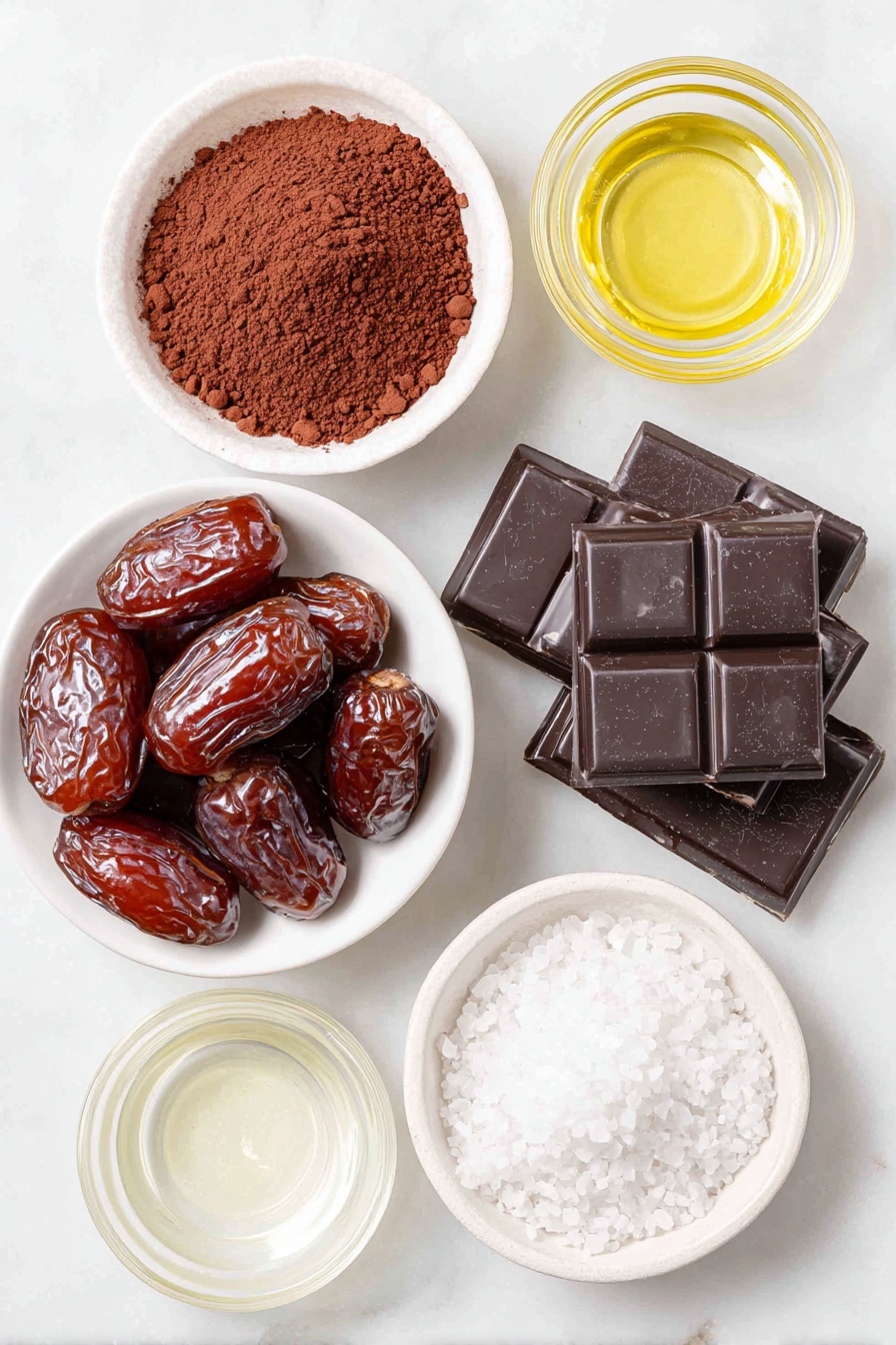 Cocoa Date Truffles, healthy date truffles, no-bake chocolate snacks, vegan energy bites, simple dessert ideas - Flat lay of a small pile of glossy pitted dates, a small white ceramic bowl filled with rich dark brown cocoa powder, a few chunks of chopped dark chocolate, a small white ceramic bowl containing clear coconut oil, and a small white ceramic bowl with flaky sea salt crystals, all arranged in perfect symmetry on a clean white marble surface, soft natural light, photo taken with an iPhone, professional food photography style, fresh ingredients, white ceramic bowls, no bottles, no duplicates, no utensils, no packaging --ar 2:3 --v 7 --p awthu7i m7354615311229779997