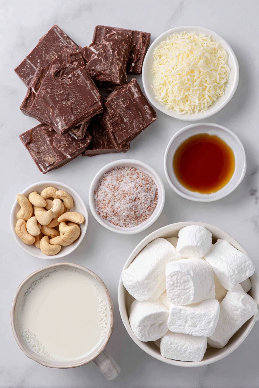 Vegan White Hot Chocolate, dairy-free white hot chocolate, vegan hot chocolate recipe, creamy vegan hot chocolate, vegan warm winter drinks - Flat lay of raw cacao butter buttons, whole cashew nuts, a small white bowl of maple syrup, a small white bowl of vanilla extract, whole nutmeg seed with a few freshly grated nutmeg shavings nearby, vegan marshmallows piled gently, a small mound of vegan whipped cream, and a simple white ceramic cup filled with fresh almond milk, all arranged with perfect symmetry on a clean white marble surface, soft natural light, photo taken with an iPhone, professional food photography style, fresh ingredients, white ceramic bowls, no bottles, no duplicates, no utensils, no packaging --ar 2:3 --v 7 --p awthu7i m7354615311229779997