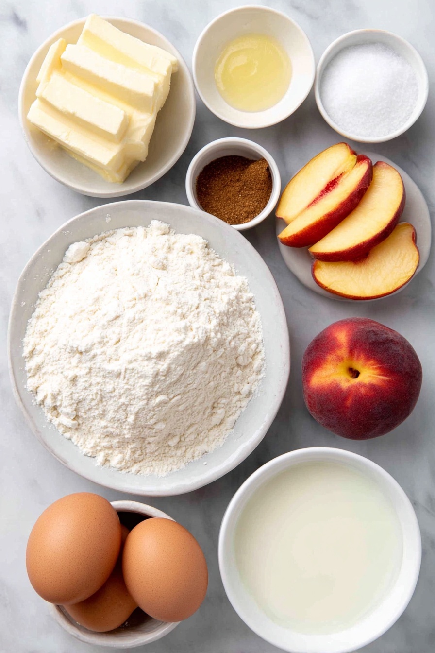 Peach Upside-Down Cake, Peach Cake Recipe, Summer Fruit Desserts, Caramelized Peach Cake, Easy Peach Dessert - Flat lay of a small mound of all-purpose flour on a simple white ceramic plate, a few tablespoons of salted butter in a small white bowl, packed brown sugar in another small white bowl, a pinch of cinnamon in a tiny white bowl, three large peeled peach halves with their vibrant orange and pink flesh, a white ceramic bowl containing a whole, uncracked brown egg, a small white bowl filled with smooth milk, a small white bowl holding granulated sugar, and a small white bowl with vanilla extract placed as a clear pale liquid, all arranged in perfect symmetry on a clean white marble surface, soft natural light, photo taken with an iPhone, professional food photography style, fresh ingredients, white ceramic bowls, no bottles, no duplicates, no utensils, no packaging --ar 2:3 --v 7 --p awthu7i m7354615311229779997
