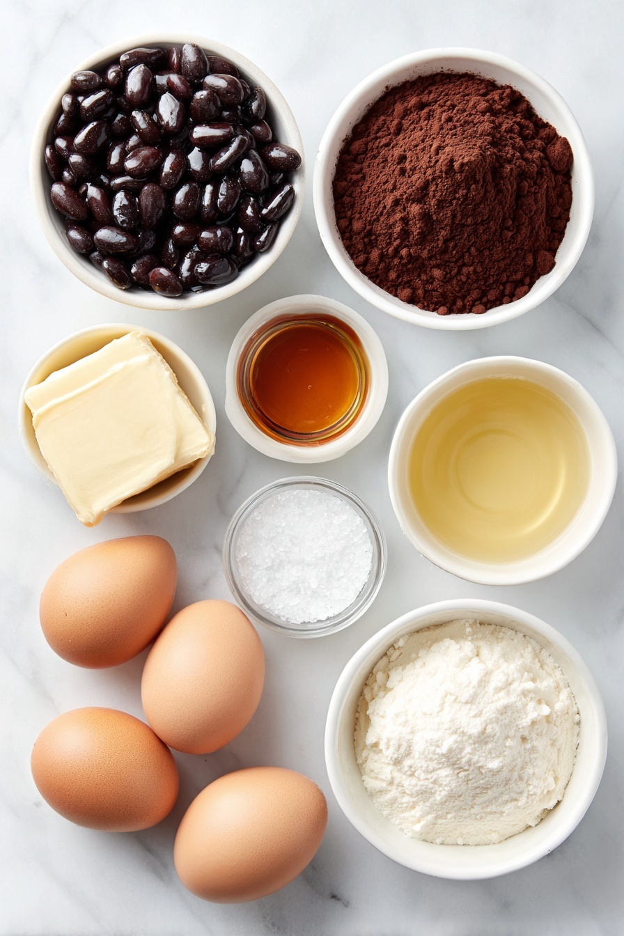 Healthy Black Bean Chocolate Balls, healthy chocolate snack, vegan black bean treats, no-bake healthy desserts, nutritious chocolate bites - Flat lay of a small white ceramic bowl of shiny black beans, a small white ceramic bowl filled with rich dark cocoa powder, a few smooth, uncracked brown eggs with clean shells, a small white ceramic bowl holding pale golden coconut oil, a small white ceramic bowl of amber maple syrup, a small white ceramic bowl with fine white salt crystals, a tiny white ceramic bowl containing clear pure vanilla extract, and a tiny white ceramic bowl with a translucent pale liquid suggesting peppermint extract, all arranged with perfect symmetry and balanced proportions, placed on a clean white marble surface, soft natural light, photo taken with an iPhone, professional food photography style, fresh ingredients, white ceramic bowls, no bottles, no duplicates, no utensils, no packaging --ar 2:3 --v 7 --p awthu7i m7354615311229779997