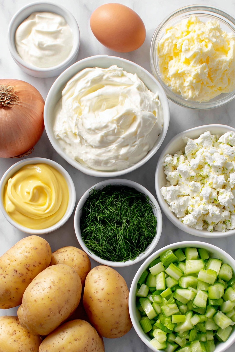 Smashed Potato Salad with Yogurt Dressing, healthy potato salad recipes, fresh fruit and vegetable salads, easy summer potato salad, flavorful potato salad ideas - Flat lay of fresh baby Yukon gold potatoes with smooth golden skins, a small white bowl of rich olive oil, a whole uncracked brown egg with a clean shell, a small white bowl filled with creamy Greek yogurt, another small white bowl of thick pale mayonnaise, a small white bowl holding finely chopped bright green dill, a small white bowl with chopped fresh parsley leaves, a whole shallot with smooth purple-tinged skin, a single fresh garlic clove with papery white skin, a small white bowl of smooth yellow Dijon mustard, a small white bowl containing vibrant yellow lemon juice, a small white bowl filled with deep red wine vinegar, a small white bowl of crisp diced cucumber with light green flesh and dark green skin, a small white bowl of pale diced celery, a small white bowl with chunky diced bright green dill pickles, sliced green onions with white bulbs and long green stalks arranged neatly in a white bowl, and a small white bowl with crumbly white feta cheese for garnish, all arranged symmetrically and proportionally on a clean white marble surface, soft natural light, photo taken with an iPhone, professional food photography style, fresh ingredients, white ceramic bowls, no bottles, no duplicates, no utensils, no packaging --ar 2:3 --v 7 --p awthu7i m7354615311229779997