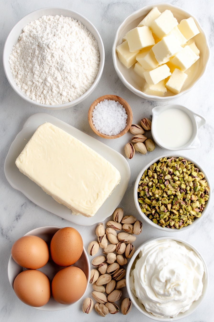 Delicious Pistachio Custard Pie, pistachio custard pie, nutty dessert recipes, easy custard pie, pistachio dessert - Flat lay of a small white ceramic bowl of all purpose flour, a small white ceramic bowl of white granulated sugar, a few sprigs of coarse salt crystals sprinkled nearby, several small cubes of cold salted butter arranged neatly, a small white ceramic bowl filled with finely chopped pistachios, a few whole lightly salted roasted pistachios scattered, a smooth block of cream cheese on a white ceramic plate, four whole uncracked brown eggs, a small white ceramic bowl containing whole milk, a small white ceramic bowl with a pale vanilla extract liquid, a small white ceramic bowl with almond extract liquid, and a dollop of fresh whipped cream in a small white ceramic bowl, all placed on a clean white marble surface, soft natural light, photo taken with an iPhone, professional food photography style, fresh ingredients, white ceramic bowls, no bottles, no duplicates, no utensils, no packaging --ar 2:3 --v 7 --p awthu7i m7354615311229779997