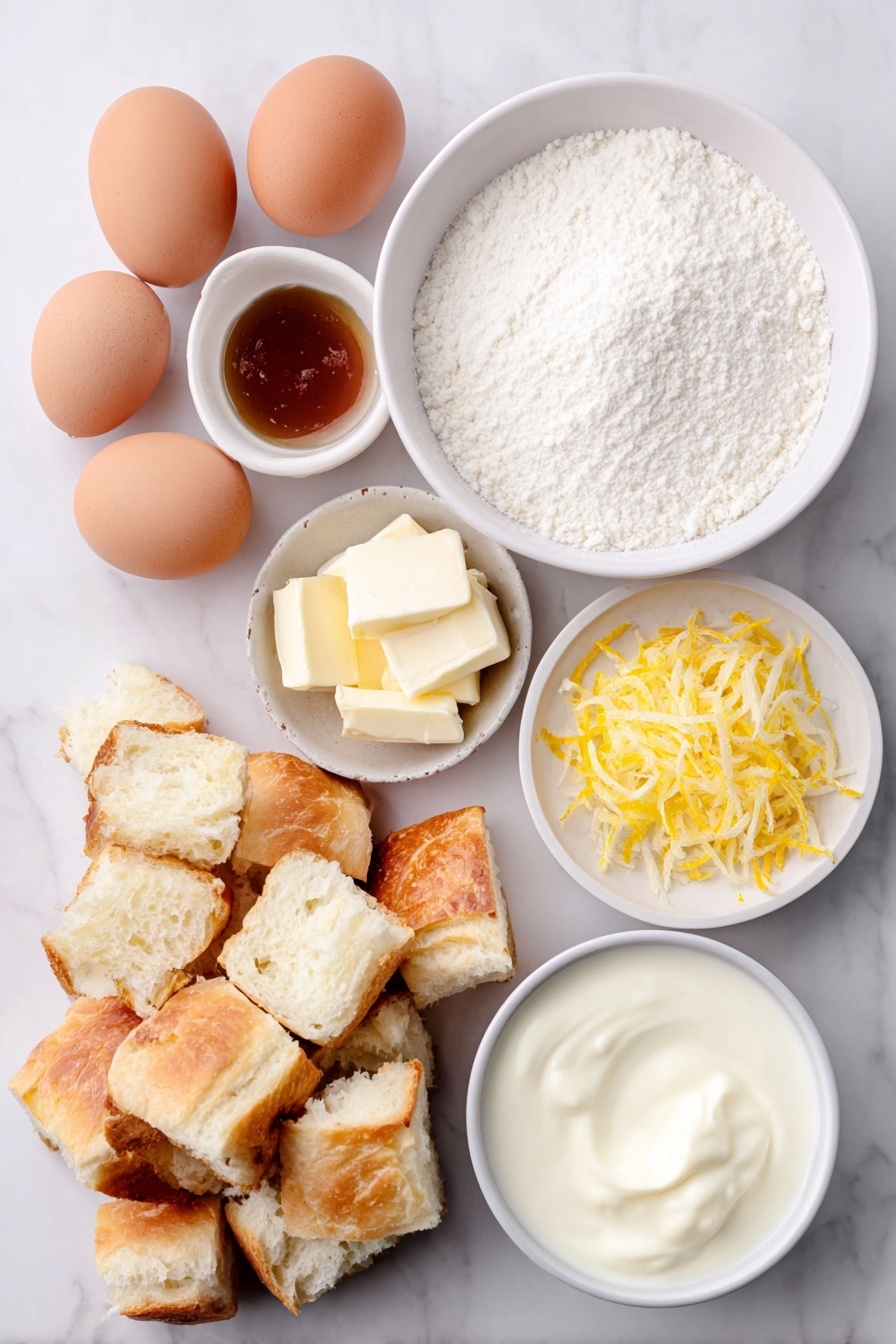 Custard Bread Pudding with Vanilla Sauce, vanilla bread pudding dessert, easy bread pudding with custard, comforting bread pudding recipe, homemade bread pudding with vanilla sauce - Flat lay of a crusty loaf of French bread cut into rustic cubes, a few whole uncracked brown eggs with clean shells, a small white ceramic bowl filled with fresh whole milk, another small white bowl holding rich heavy cream, a small white bowl with fine granulated sugar, a small white bowl containing golden vanilla extract liquid, and a few thin strips of bright orange zest arranged artfully, all placed on a clean white marble surface, soft natural light, photo taken with an iPhone, professional food photography style, fresh ingredients, white ceramic bowls, no bottles, no duplicates, no utensils, no packaging --ar 2:3 --v 7 --p awthu7i m7354615311229779997