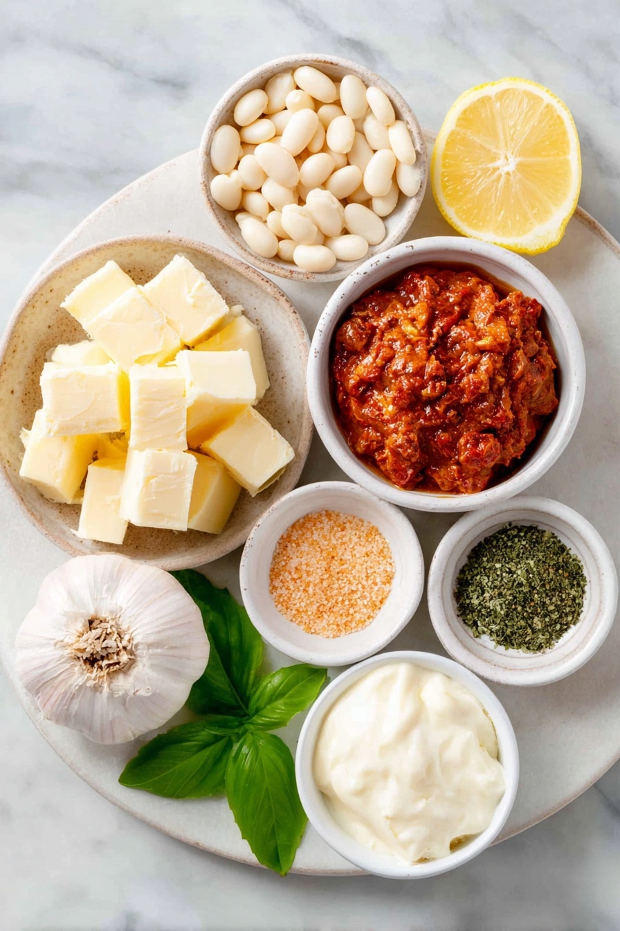 Vegan Butter Beans in Sun-Dried Tomato Sauce, vegan bean recipes, plant-based comfort food, easy vegan dinner ideas, dairy-free bean dishes - Flat lay of vegan butter in a small white ceramic bowl, a large shallot unpeeled beside finely diced shallot pieces on a white ceramic plate, four whole cloves of garlic with some minced garlic in a small white bowl, a small white bowl filled with chopped sun-dried tomatoes glistening with oil, a small white bowl with smooth red tomato paste, dried oregano, dried thyme, and chili flakes each in their own small white ceramic bowls, whole fresh butter beans scattered next to a small white bowl containing creamy coconut cream, a small white bowl with golden nutritional yeast flakes, a lemon cut in half showing bright yellow flesh alongside fresh green basil sprigs on a simple white ceramic plate, arranged symmetrically and balanced, placed on a clean white marble surface, soft natural light, photo taken with an iPhone, professional food photography style, fresh ingredients, white ceramic bowls, no bottles, no duplicates, no utensils, no packaging --ar 2:3 --v 7 --p m7354615311229779997