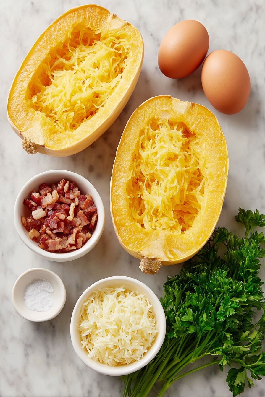 Spaghetti Squash Carbonara, healthy carbonara alternative, low-carb spaghetti squash recipe, creamy egg Parmesan sauce, easy zucchini squash dinner - Flat lay of a halved spaghetti squash showing bright yellow-orange flesh with visible strands, two whole brown eggs with clean shells, two small white ceramic bowls—one filled with finely grated pale yellow Parmesan cheese, the other with minced fresh garlic cloves, a small white ceramic bowl containing roughly chopped crispy bacon pieces with golden-brown edges, a few sprigs of fresh vibrant green parsley, and a small white ceramic bowl holding coarse kosher salt, all arranged in perfect symmetry on a clean white marble surface, soft natural light, photo taken with an iPhone, professional food photography style, fresh ingredients, white ceramic bowls, no bottles, no duplicates, no utensils, no packaging --ar 2:3 --v 7 --p m7354615311229779997