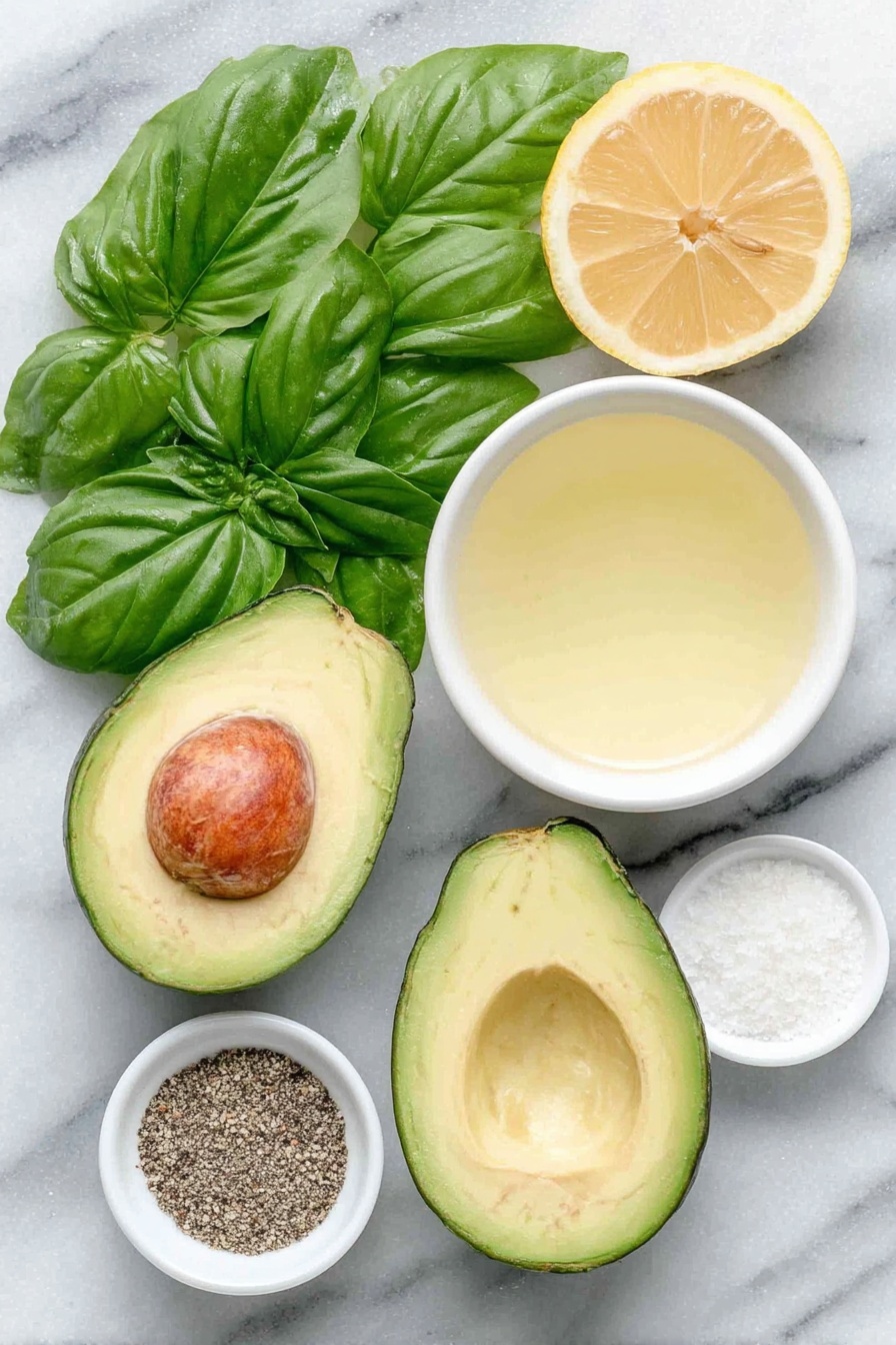 Avocado Lemon Pesto, quick healthy pesto, nut-free pesto, creamy avocado sauce, citrusy pesto - Flat lay of fresh bright green basil leaves spread out, a ripe halved avocado with creamy green flesh, a small white ceramic bowl filled with pale yellow lemon juice, a small white ceramic bowl of clear water, a small white ceramic bowl of coarse sea salt, a small white ceramic bowl with freshly ground black pepper, a small white ceramic bowl containing fine white garlic powder, all ingredients arranged in perfect symmetry on a clean white marble surface, soft natural light, photo taken with an iPhone, professional food photography style, fresh ingredients, white ceramic bowls, no bottles, no duplicates, no utensils, no packaging --ar 2:3 --v 7 --p m7354615311229779997